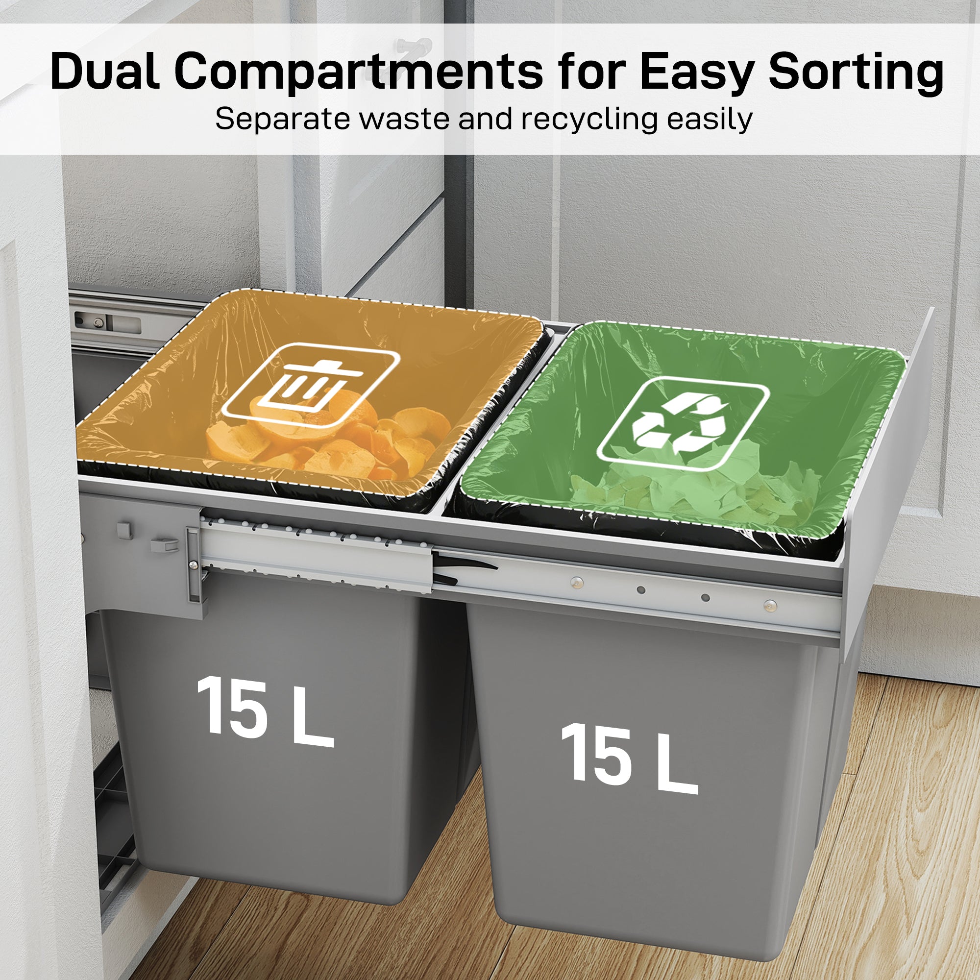 30L Pull Out Bin - 2 Compartments (15L Each), Soft Close Under Sink Bin with Removable Buckets for 400mm Cabinets, Kitchen Waste and Recycling, Base Mounted, Light Grey