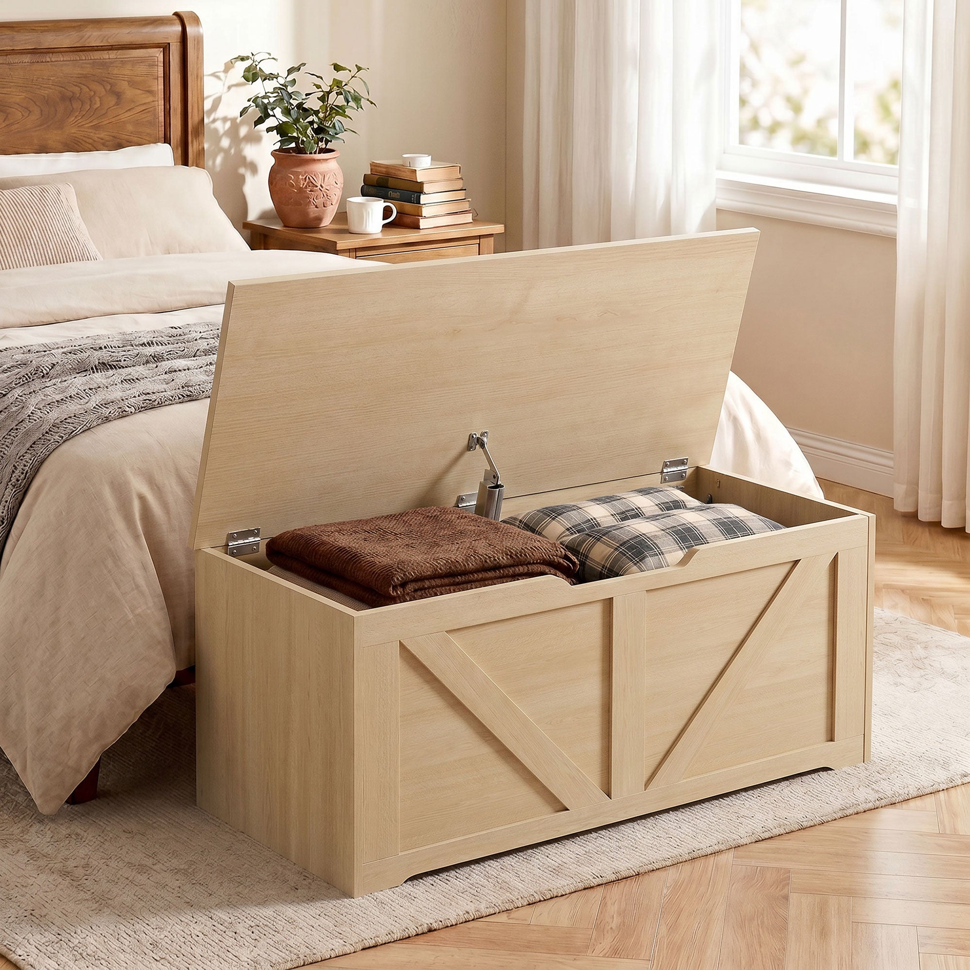 100L Storage Chest, Shoe Storage Trunk Bench Box with Safety Hinge and U-shaped Cut-out Pull, Blanket Box Ottoman for Bedroom, Living Room, Entryway, 80 x 40 x 45 cm, Nature Wood Finish