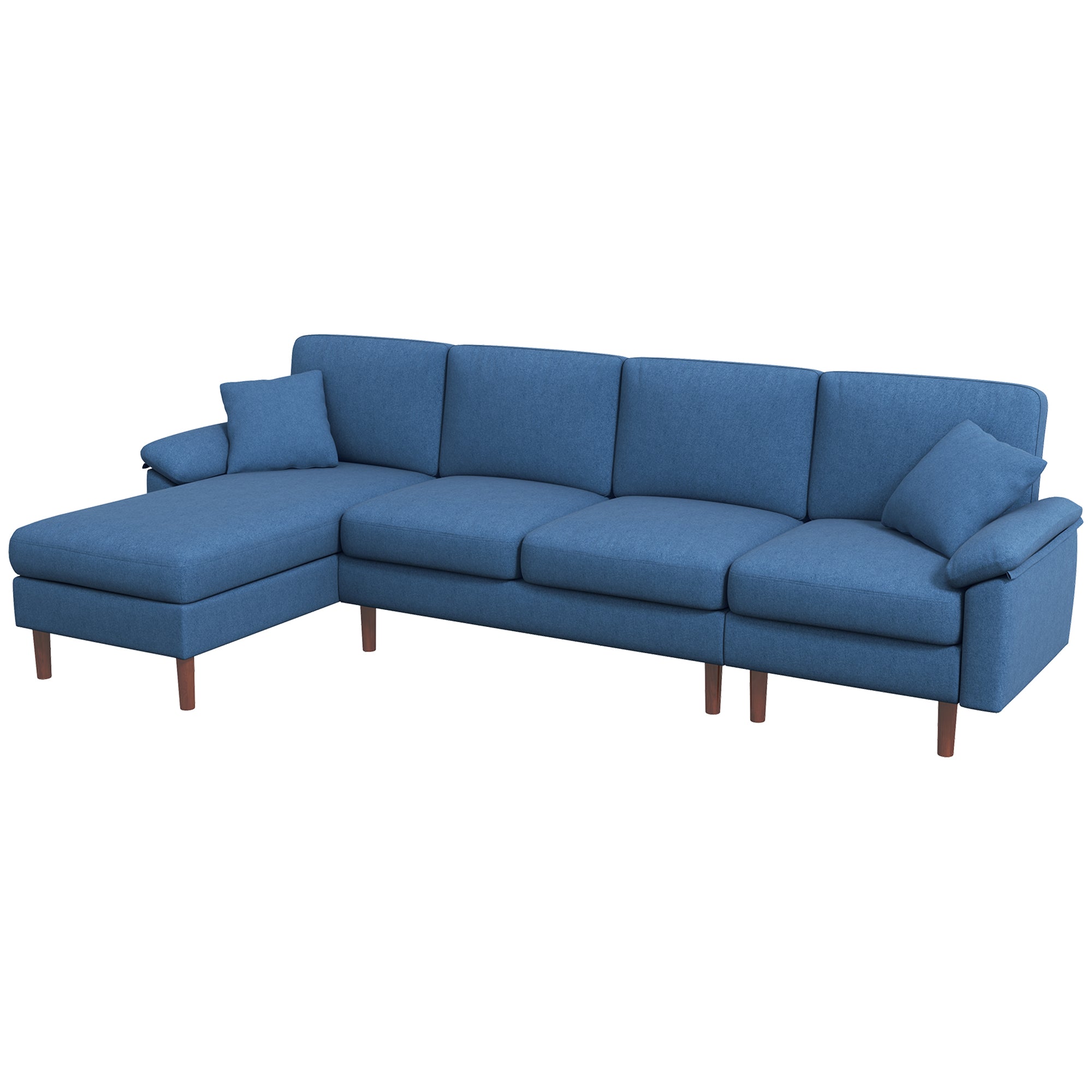 L Shape Sofa Modern Sectional Couch with Reversible Chaise Lounge Pillows and Wooden Legs Blue