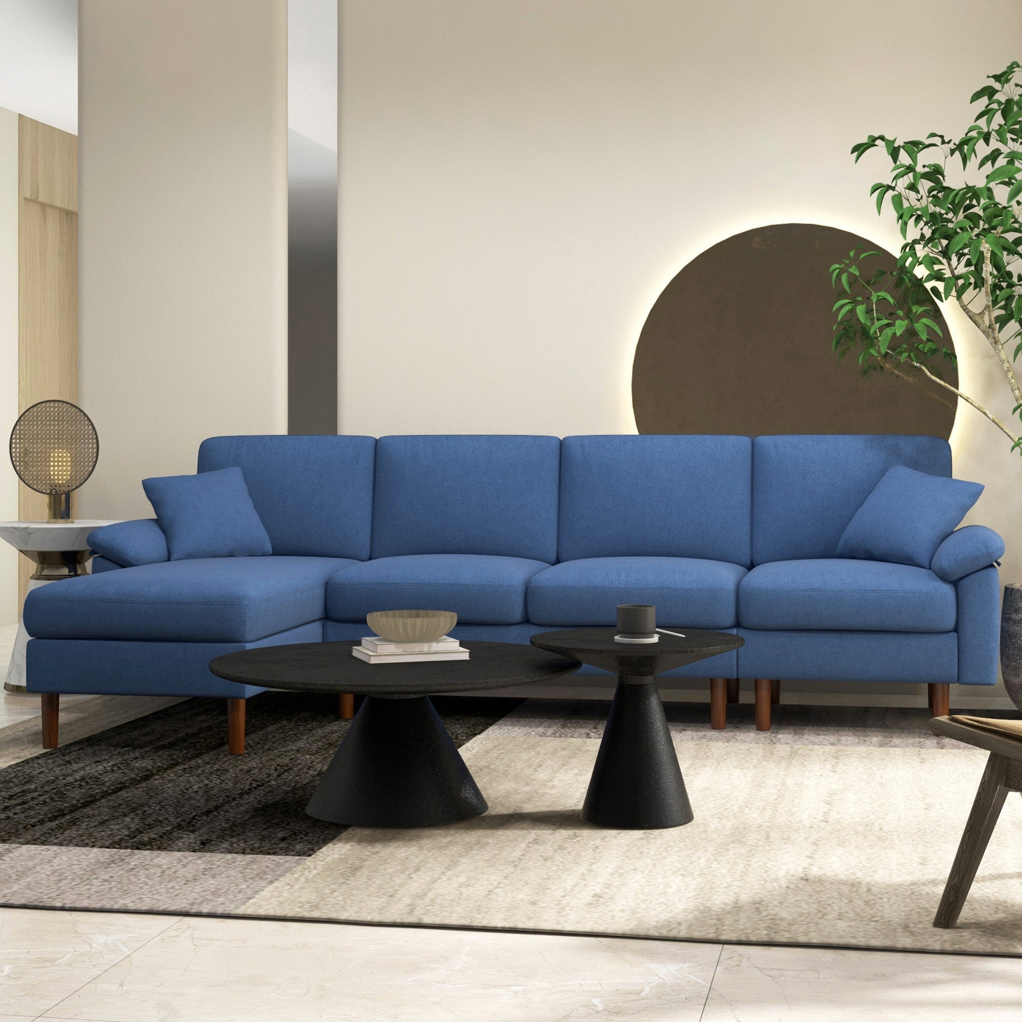 L Shape Sofa Modern Sectional Couch with Reversible Chaise Lounge Pillows and Wooden Legs Blue