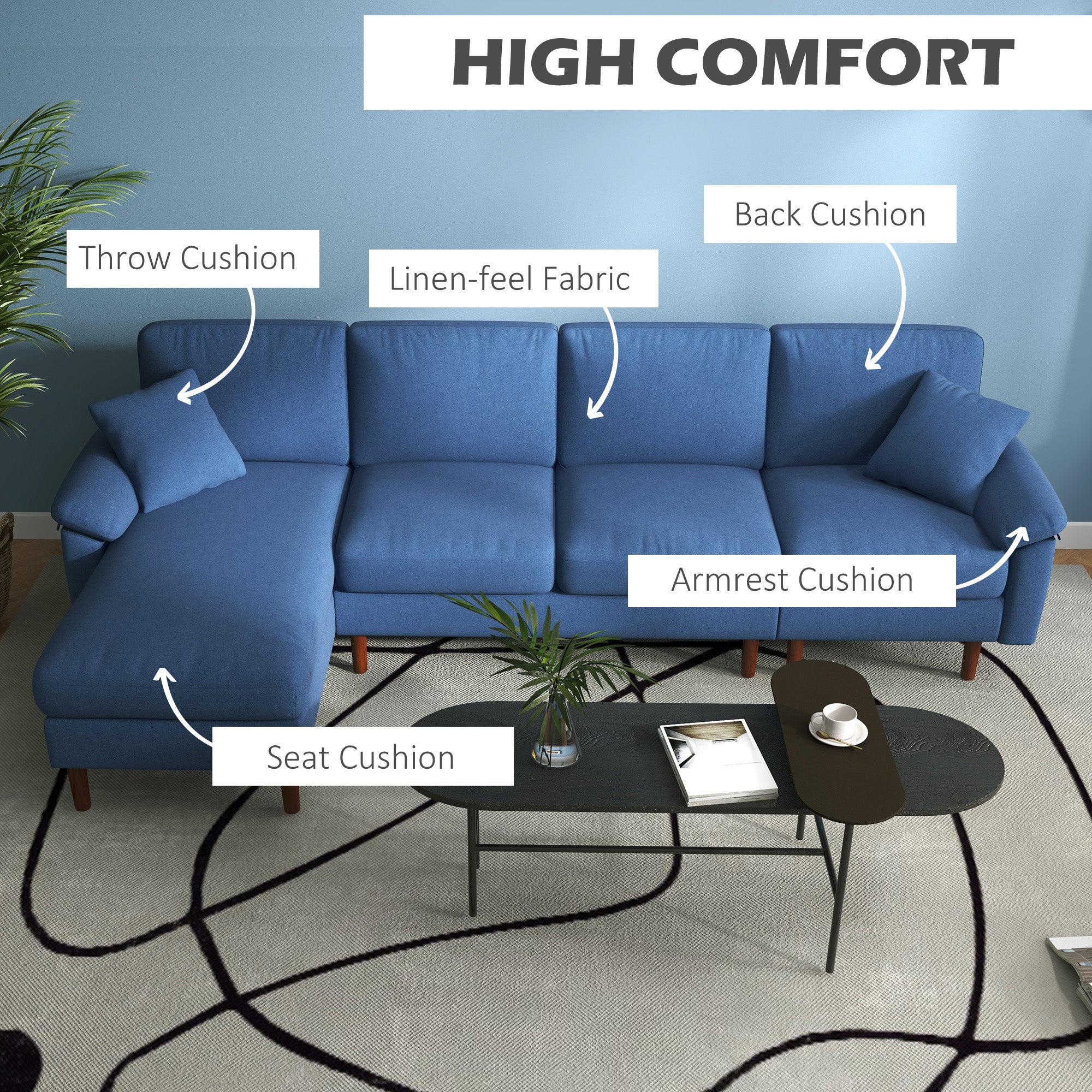 L Shape Sofa Modern Sectional Couch with Reversible Chaise Lounge Pillows and Wooden Legs Blue