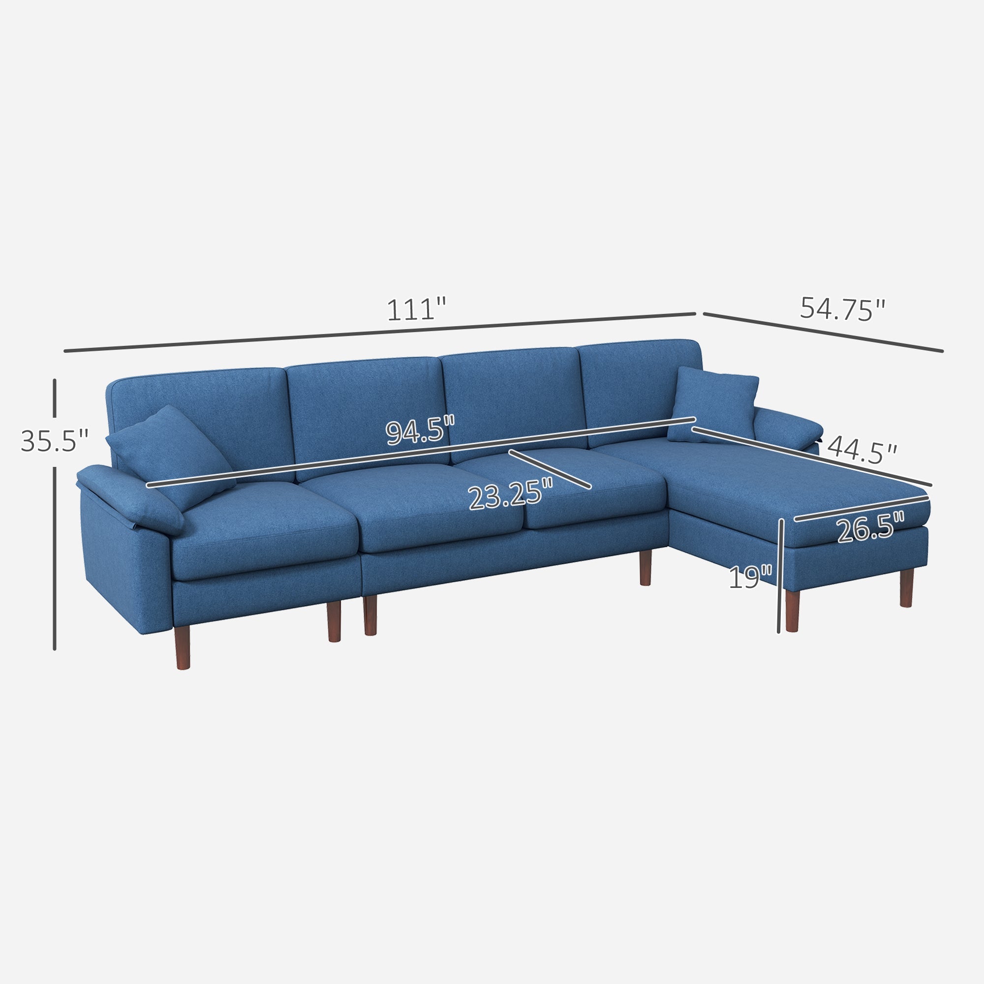 L Shape Sofa Modern Sectional Couch with Reversible Chaise Lounge Pillows and Wooden Legs Blue