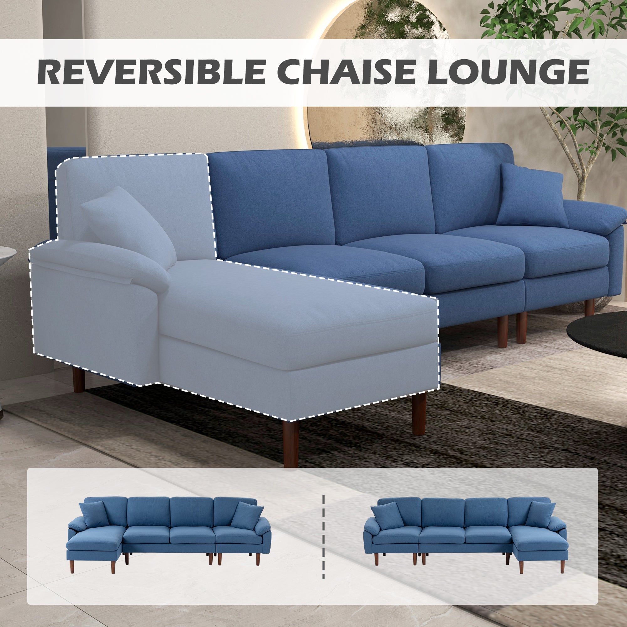 L Shape Sofa Modern Sectional Couch with Reversible Chaise Lounge Pillows and Wooden Legs Blue