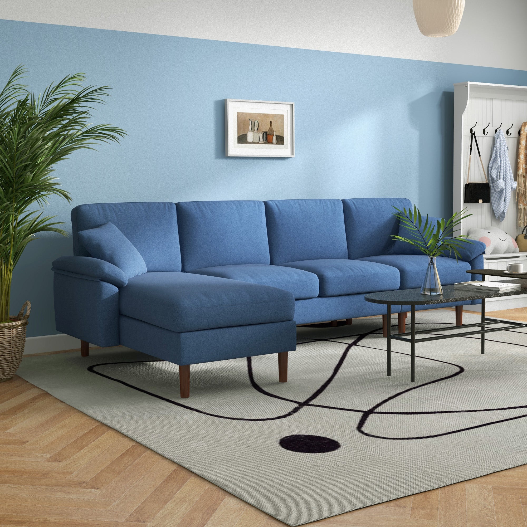 L Shape Sofa Modern Sectional Couch with Reversible Chaise Lounge Pillows and Wooden Legs Blue