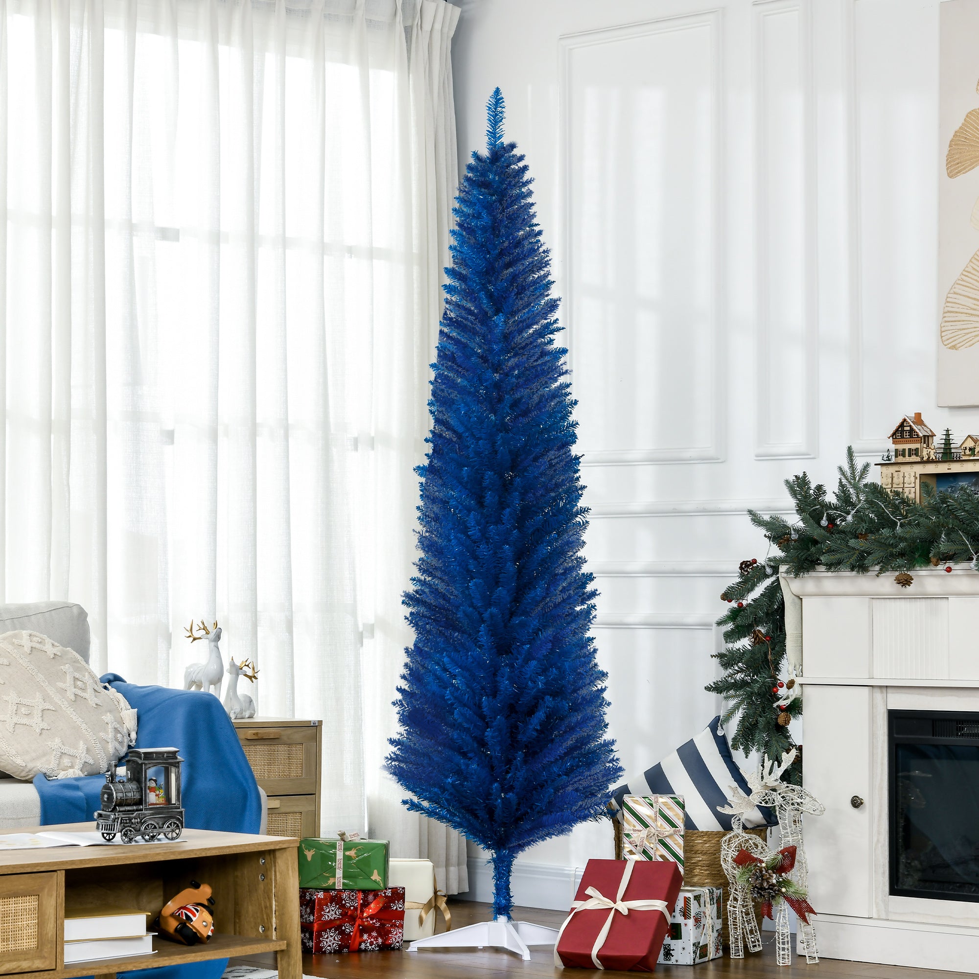 7FT Decorated Christmas Tree Pencil Tree with 499 Realistic Branch Tips and Plastic Stand Blue