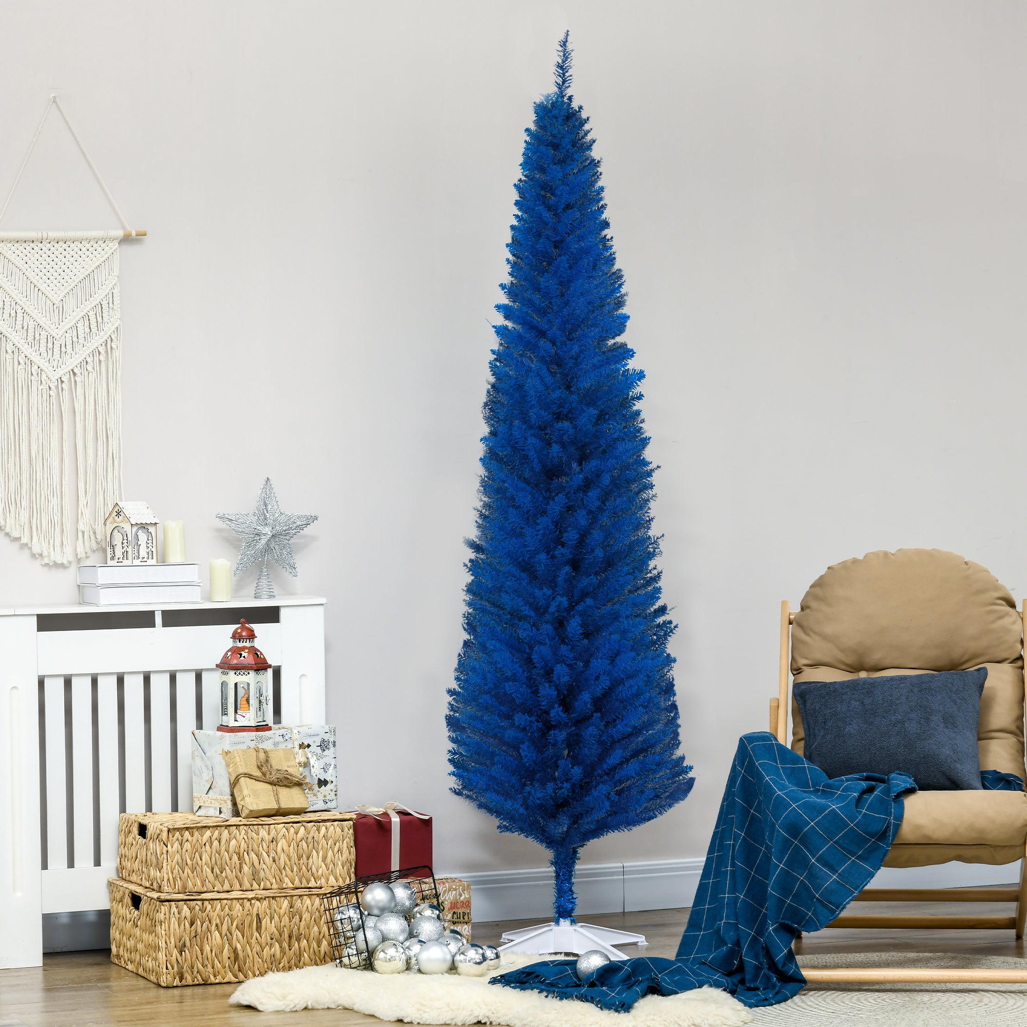 7FT Decorated Christmas Tree Pencil Tree with 499 Realistic Branch Tips and Plastic Stand Blue