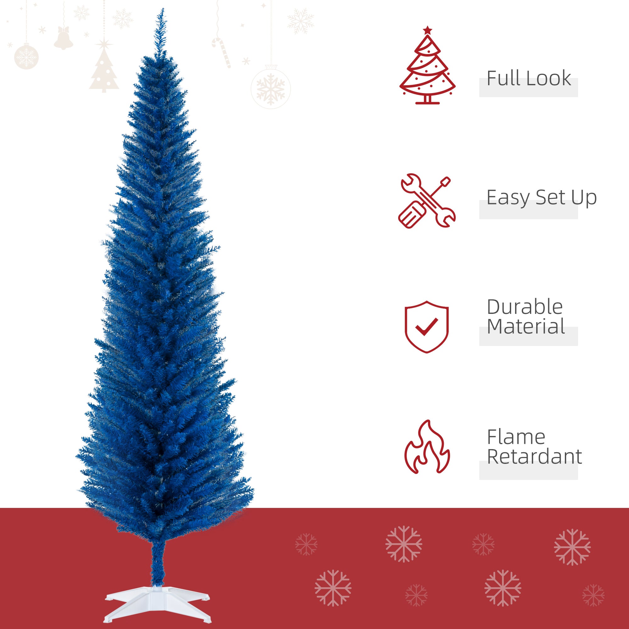 7FT Decorated Christmas Tree Pencil Tree with 499 Realistic Branch Tips and Plastic Stand Blue