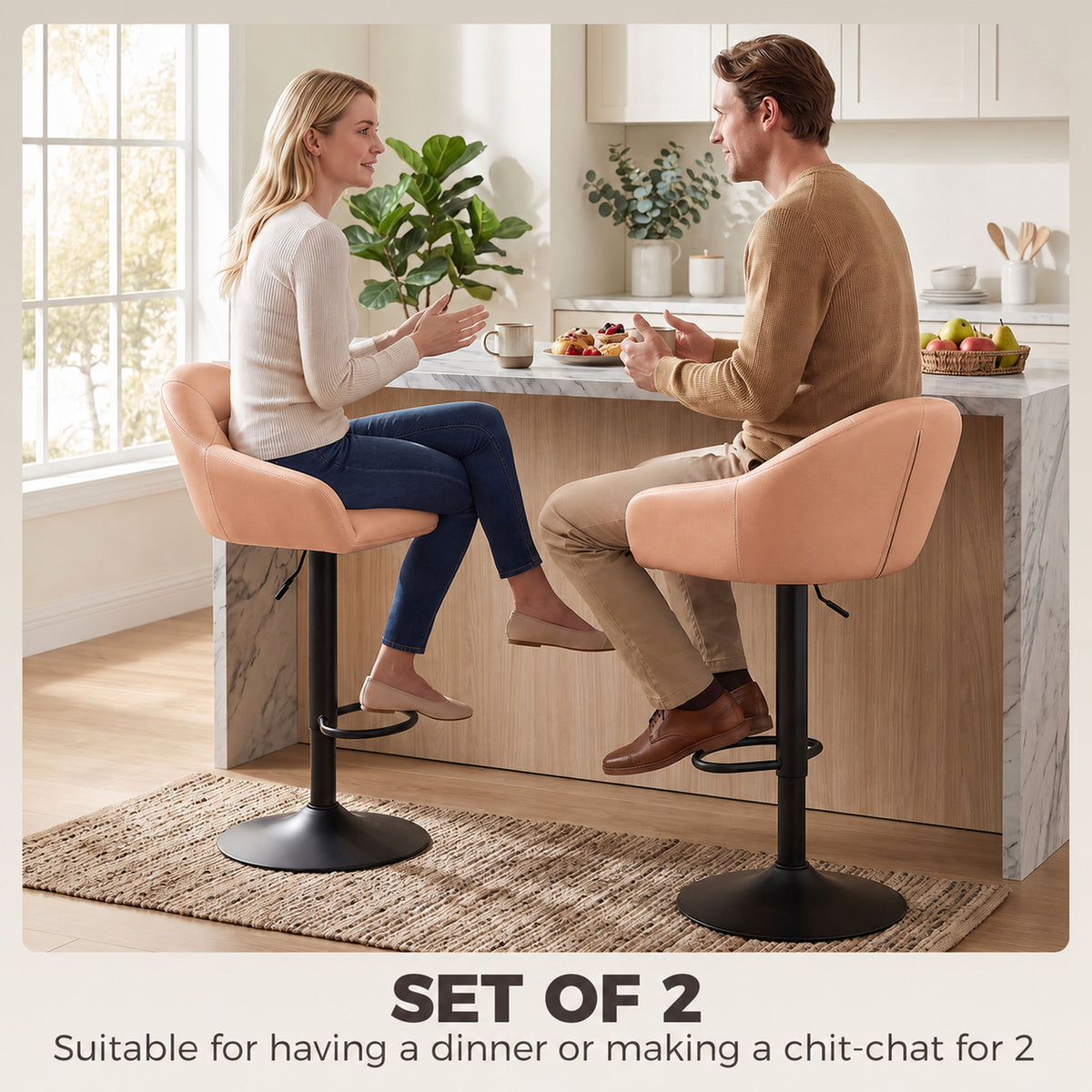 Breakfast Bar Stools Set of 2, Modern Faux Leather Swivel Barstools, Adjustable Counter Height Bar Chairs with Backrest, Arm, Footrest for Kitchen Island, Dining Room, Bar, Brown