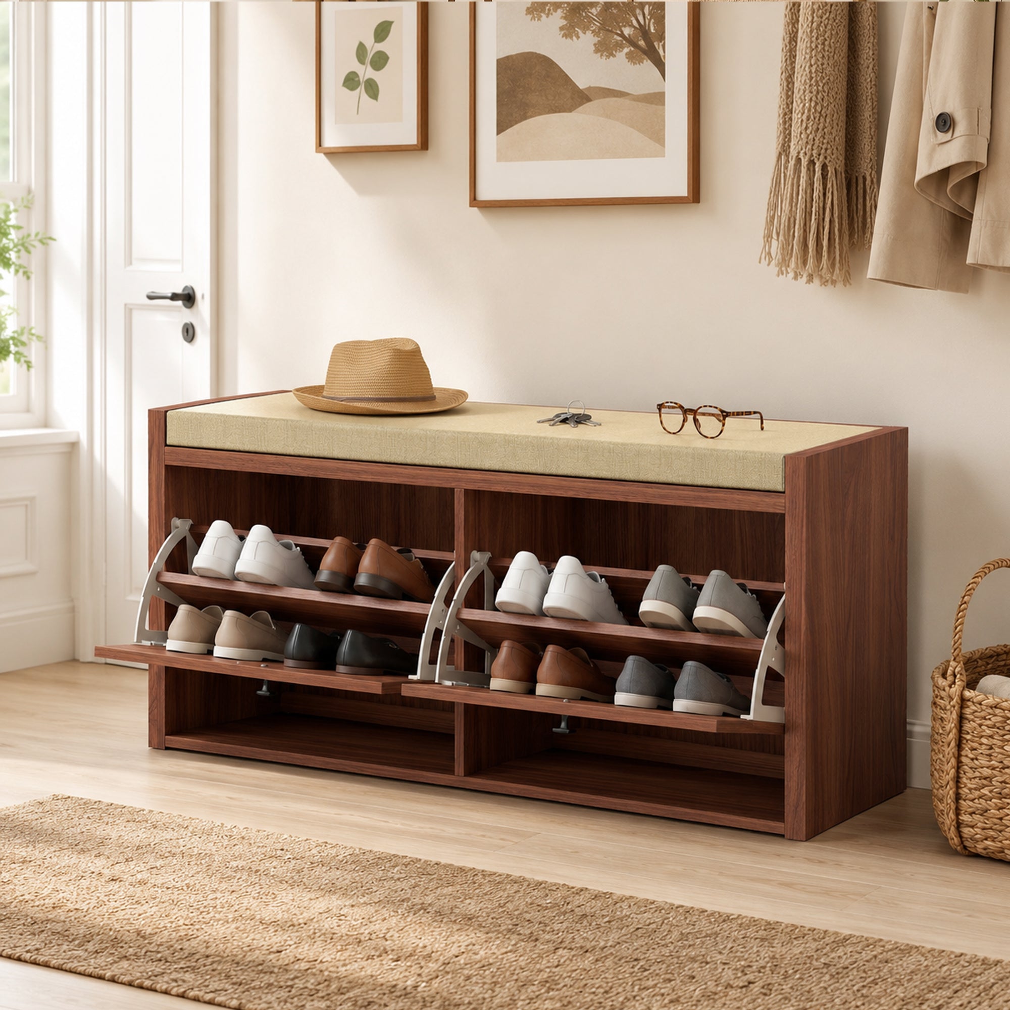 Shoe Bench with 2 Rattan Doors, Shoe Storage Bench with Padded Cushion Seat for Hallway, Living Room, Bedroom, Brown