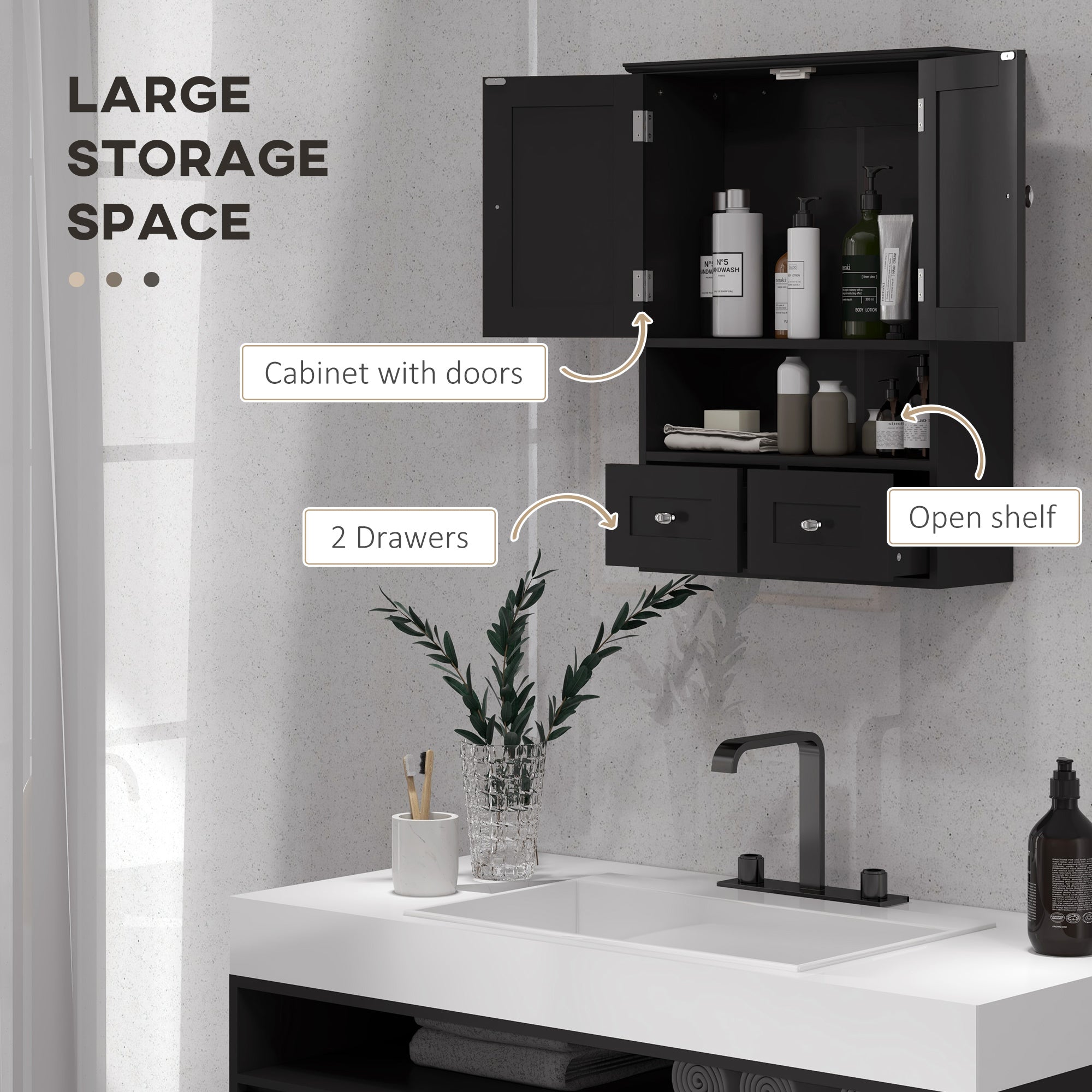 kleankin Bathroom Wall Cabinet, Medicine Cabinet, Over Toilet Storage Cabinet with Shelf and Drawers for Hallway, Living Room, Black