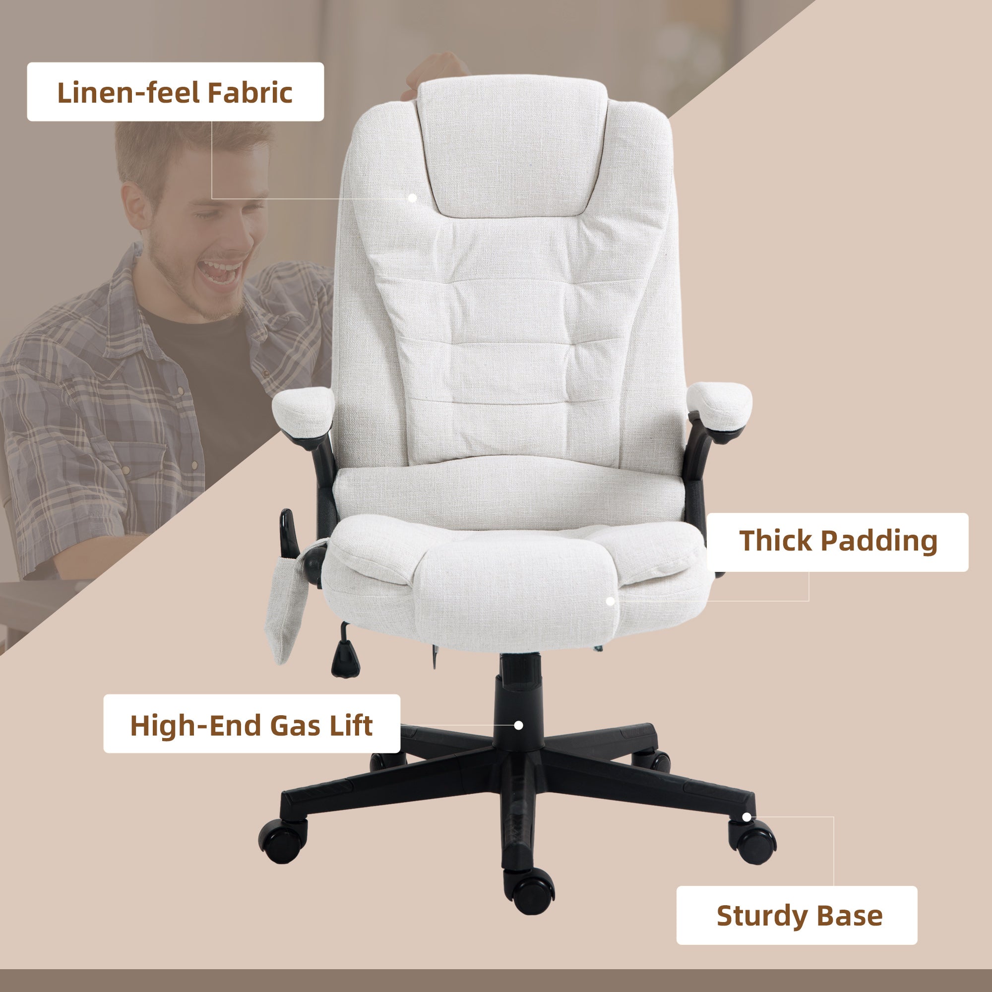 6 Point Vibrating Massage Office Chair with Heat, Linen High Back Massage Desk Chair with Reclining Backrest, White