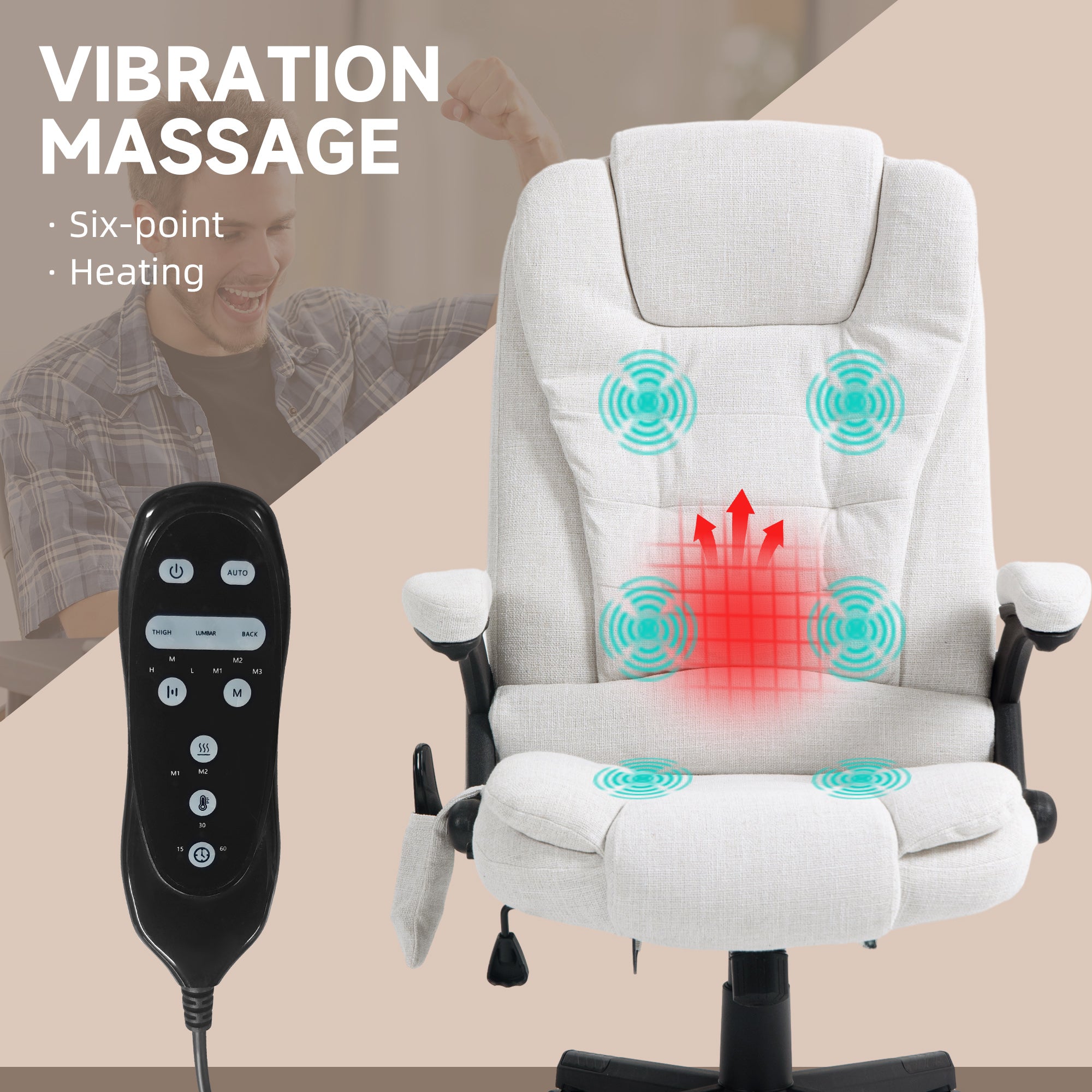 6 Point Vibrating Massage Office Chair with Heat, Linen High Back Massage Desk Chair with Reclining Backrest, White