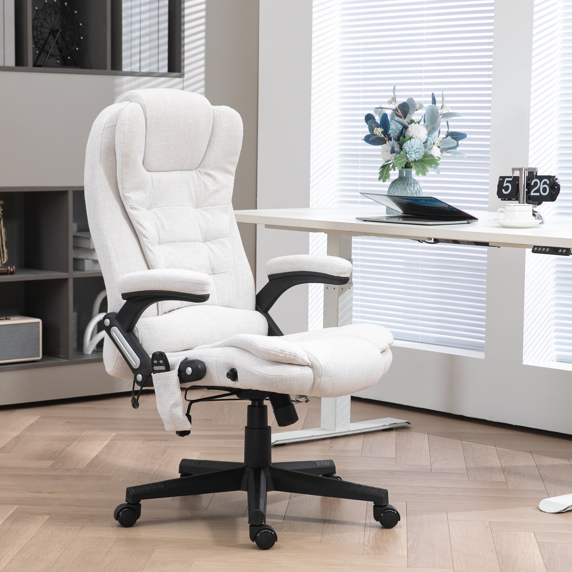 6 Point Vibrating Massage Office Chair with Heat, Linen High Back Massage Desk Chair with Reclining Backrest, White