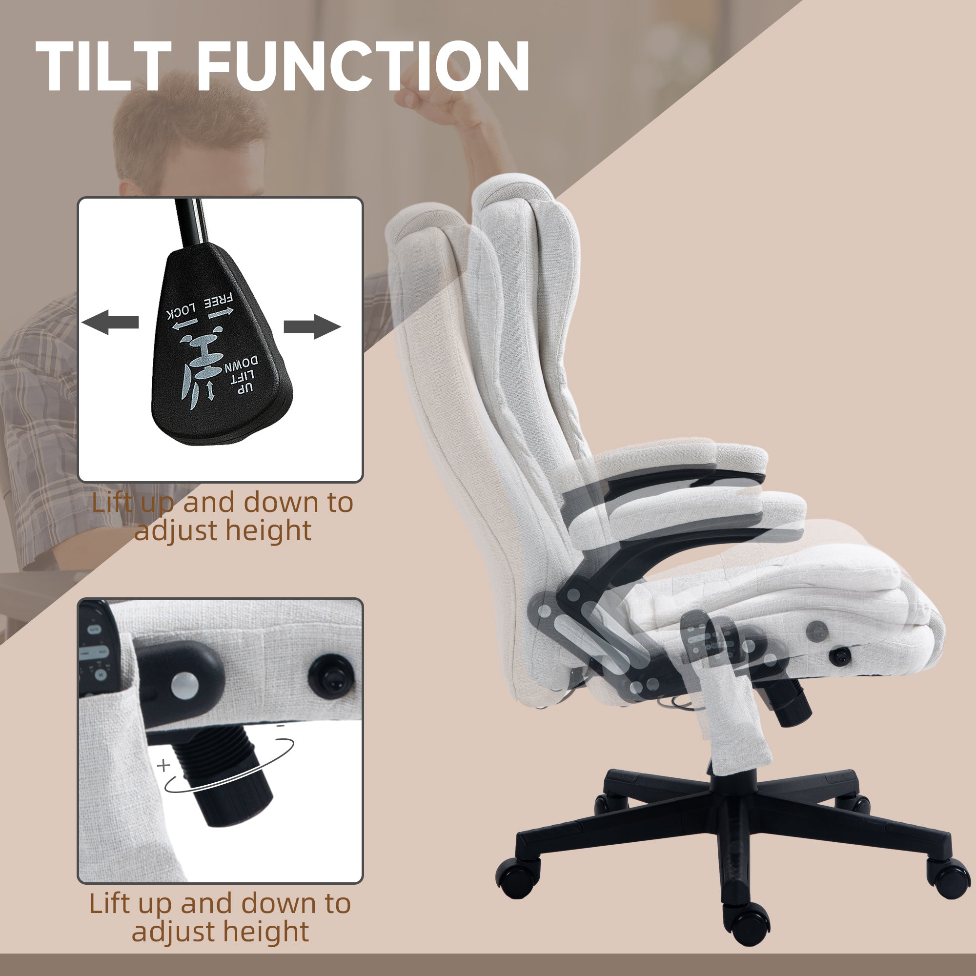 6 Point Vibrating Massage Office Chair with Heat, Linen High Back Massage Desk Chair with Reclining Backrest, White