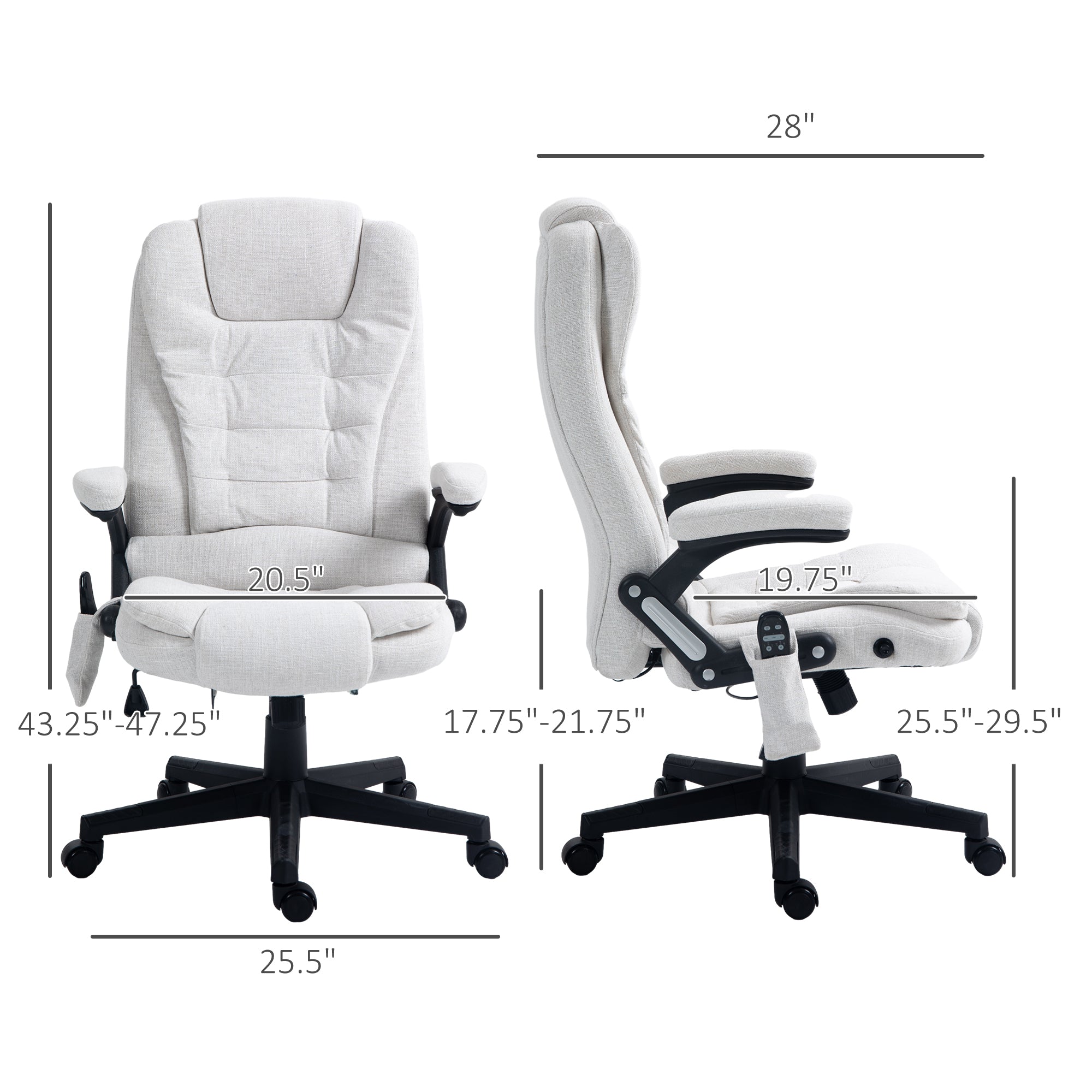 6 Point Vibrating Massage Office Chair with Heat, Linen High Back Massage Desk Chair with Reclining Backrest, White