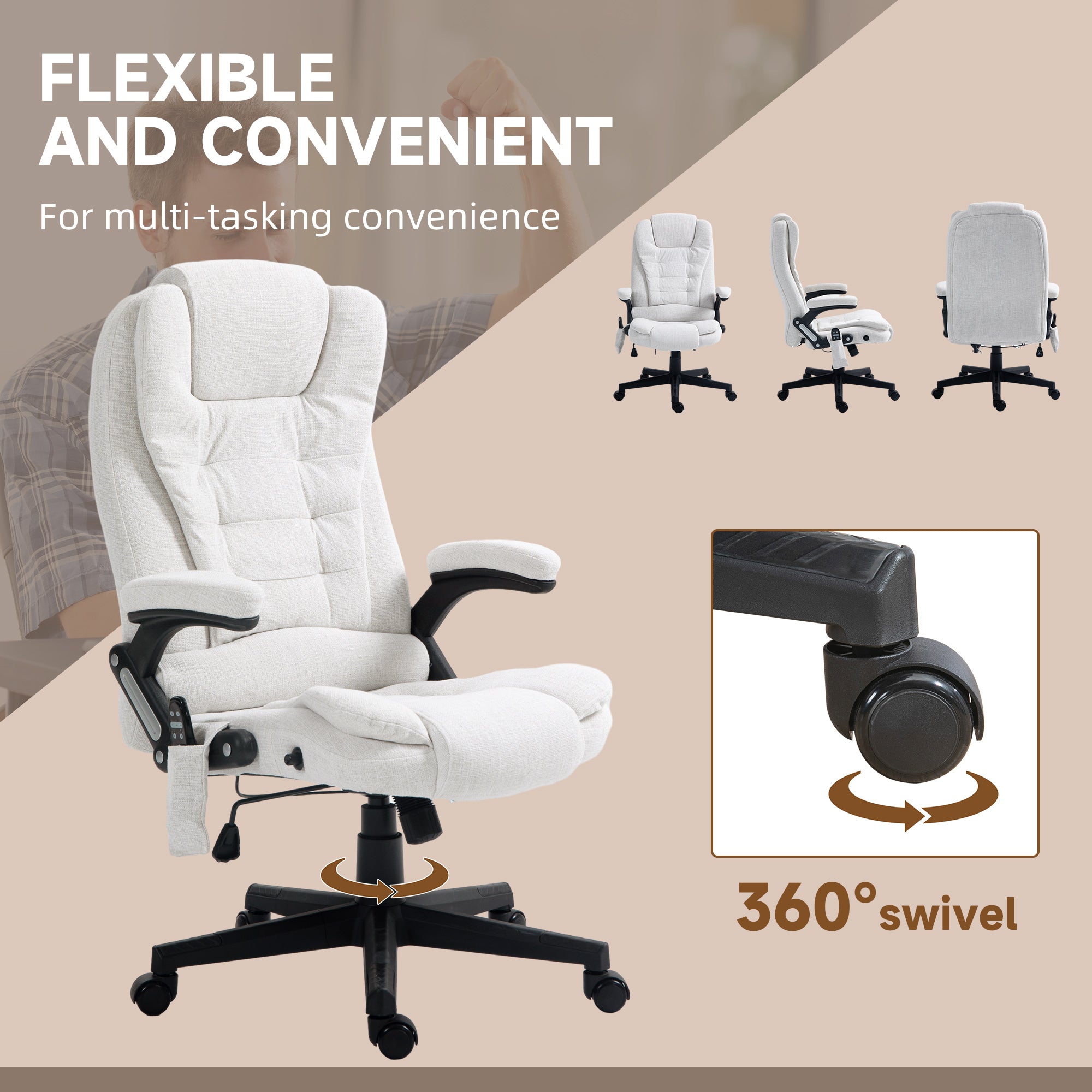 6 Point Vibrating Massage Office Chair with Heat, Linen High Back Massage Desk Chair with Reclining Backrest, White