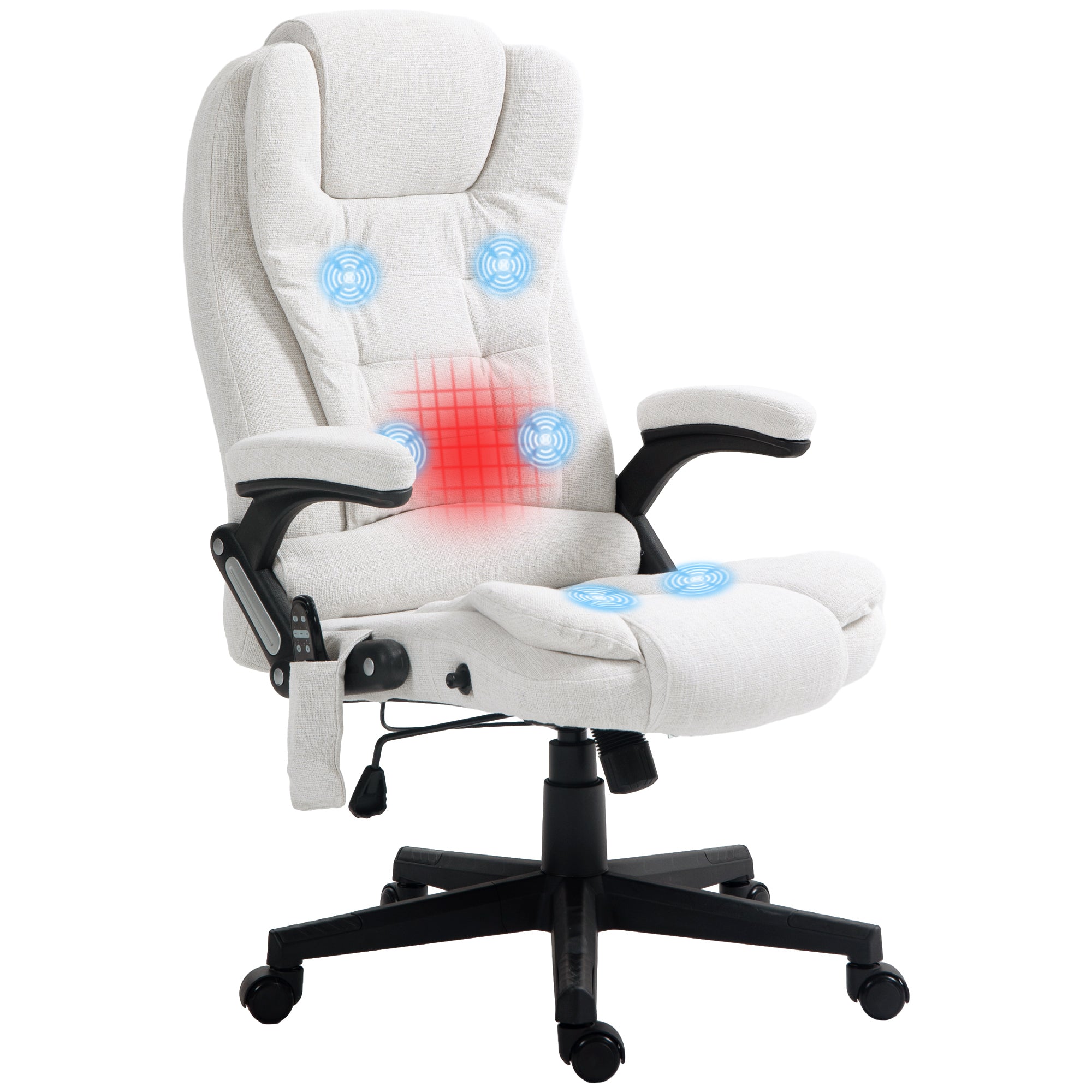 6 Point Vibrating Massage Office Chair with Heat, Linen High Back Massage Desk Chair with Reclining Backrest, White