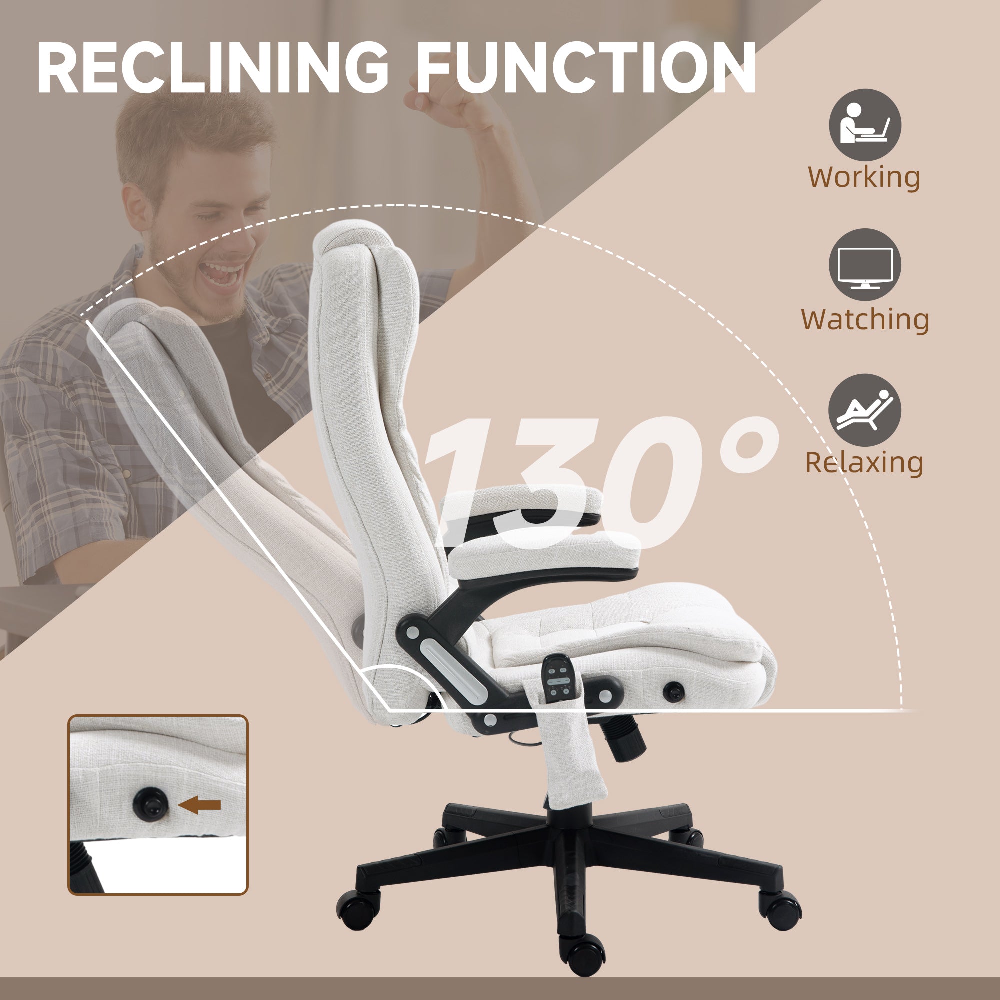 6 Point Vibrating Massage Office Chair with Heat, Linen High Back Massage Desk Chair with Reclining Backrest, White