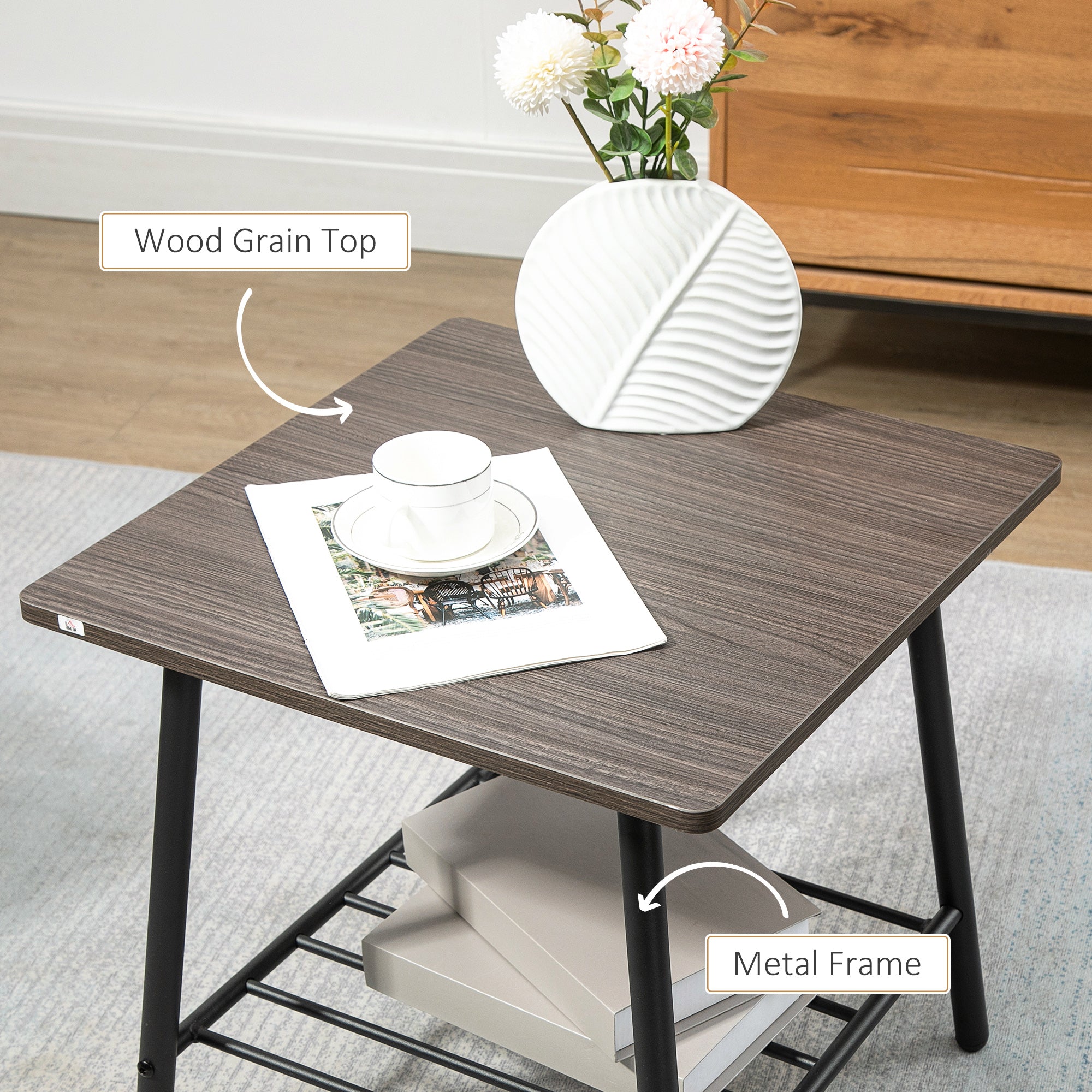 Square Side Table with Storage 2 Tier End Table with Slat Shelf and Metal Frame for Living Room Gray