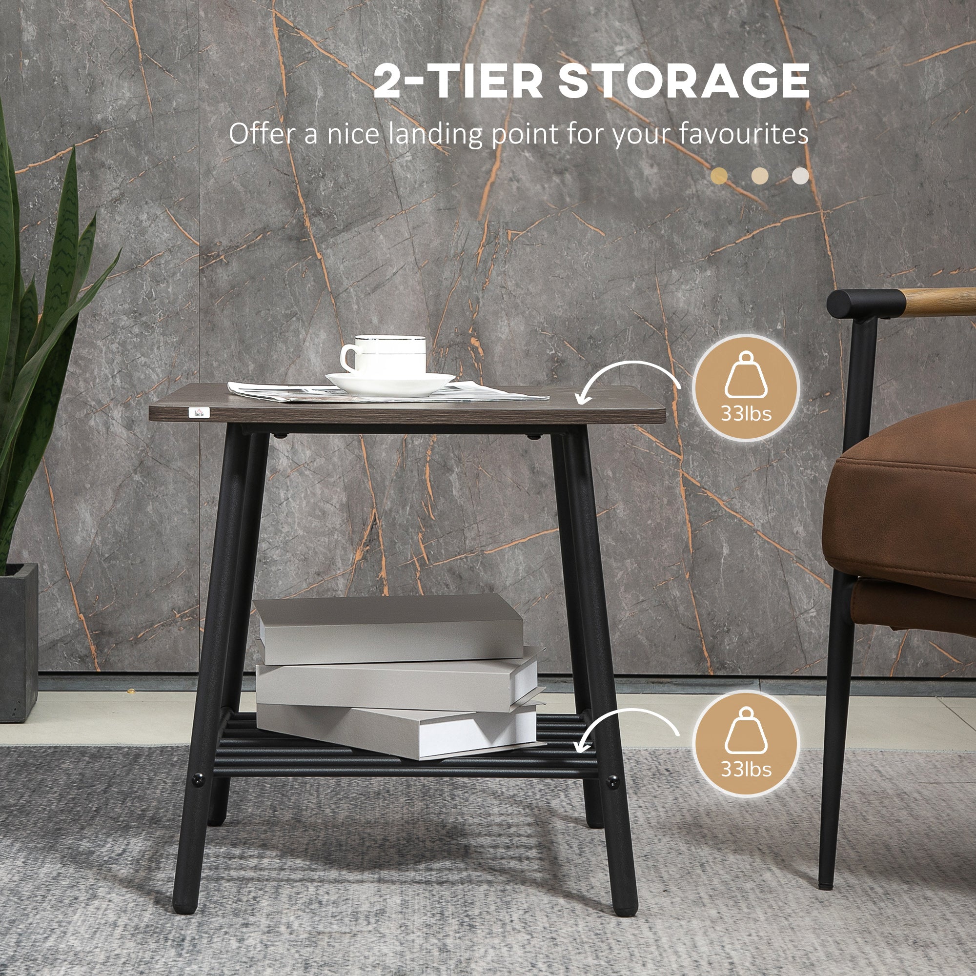 Square Side Table with Storage 2 Tier End Table with Slat Shelf and Metal Frame for Living Room Gray