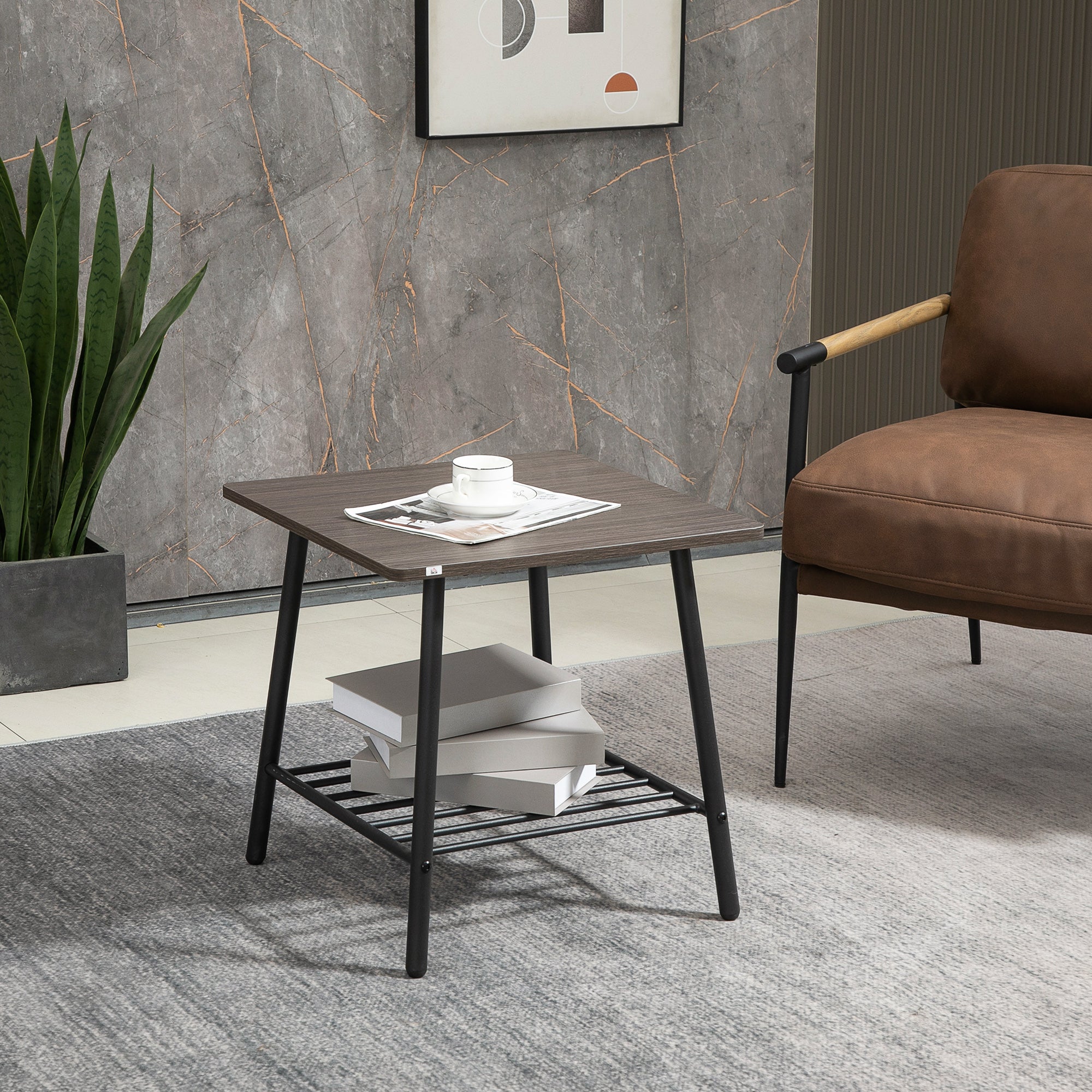 Square Side Table with Storage 2 Tier End Table with Slat Shelf and Metal Frame for Living Room Gray