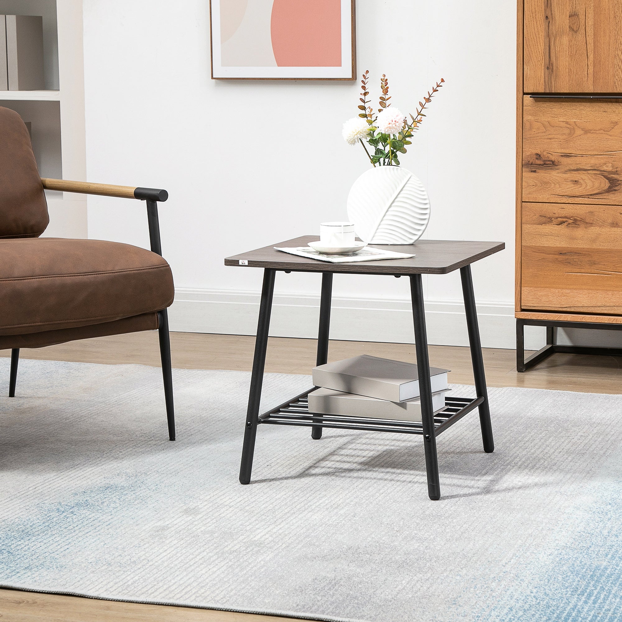 Square Side Table with Storage 2 Tier End Table with Slat Shelf and Metal Frame for Living Room Gray