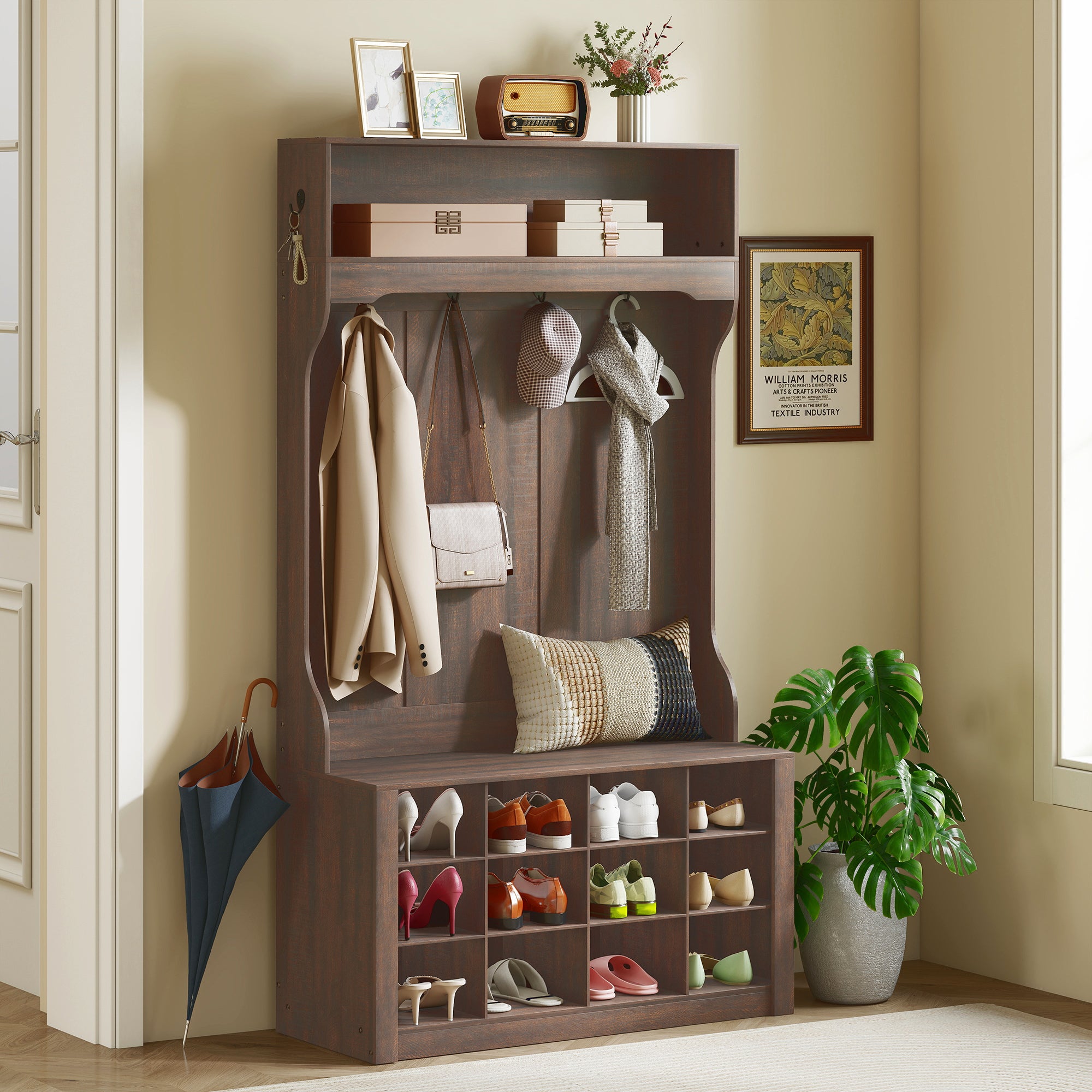4-In-1 Hall Tree with Bench and Shoe Storage, Farmhouse Entryway Coat Rack Shoe Bench with 12 Shoe Cubbies, 6 Hooks and Open Shelf for Hallway, Dark Brown