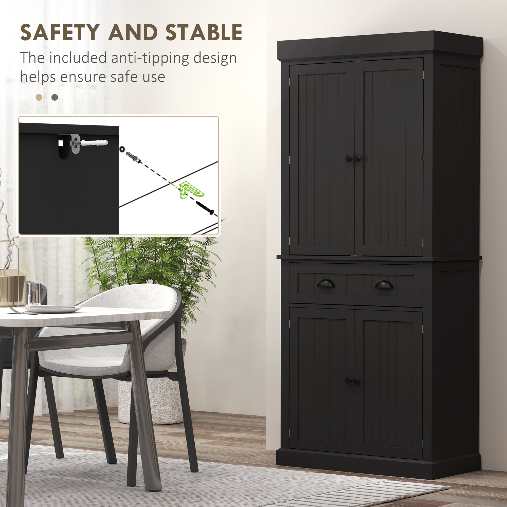 71" Pantry Cabinet with LED Motion Sensor Light, Freestanding Kitchen Pantry with 6 Spice Racks, Drawer and Adjustable Shelves, Tall Buffet Cabinet with Hutch, Black