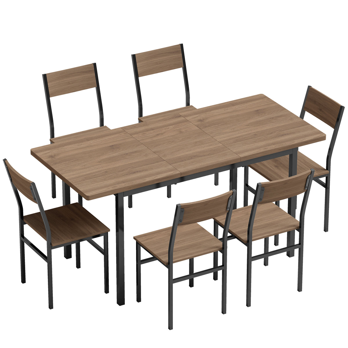 7-Piece Industrial Dining Table Set for 4-6, 47"-63" Extendable Kitchen Table with 6 Stackable Chairs, Metal Frame, Space Saving, Dining Room, Home Office, Brown Wood Grain