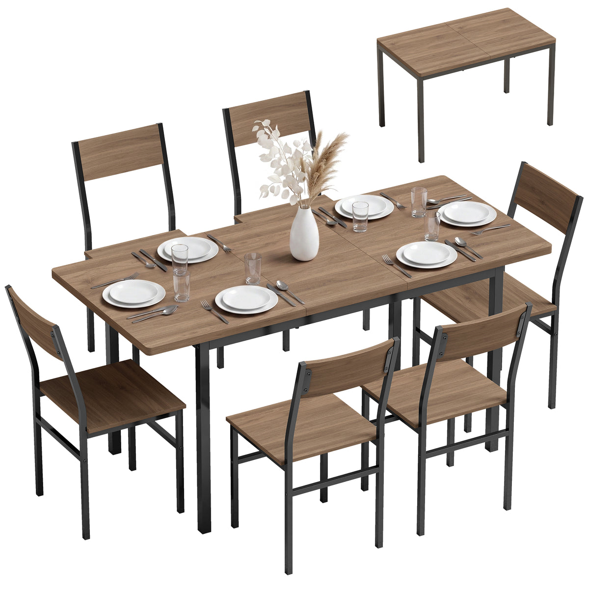7-Piece Industrial Dining Table Set for 4-6, 47"-63" Extendable Kitchen Table with 6 Stackable Chairs, Metal Frame, Space Saving, Dining Room, Home Office, Brown Wood Grain