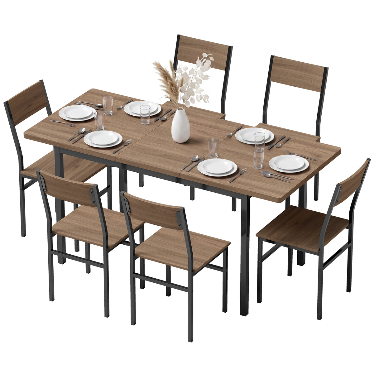 7-Piece Industrial Dining Table Set for 4-6, 47"-63" Extendable Kitchen Table with 6 Stackable Chairs, Metal Frame, Space Saving, Dining Room, Home Office, Brown Wood Grain