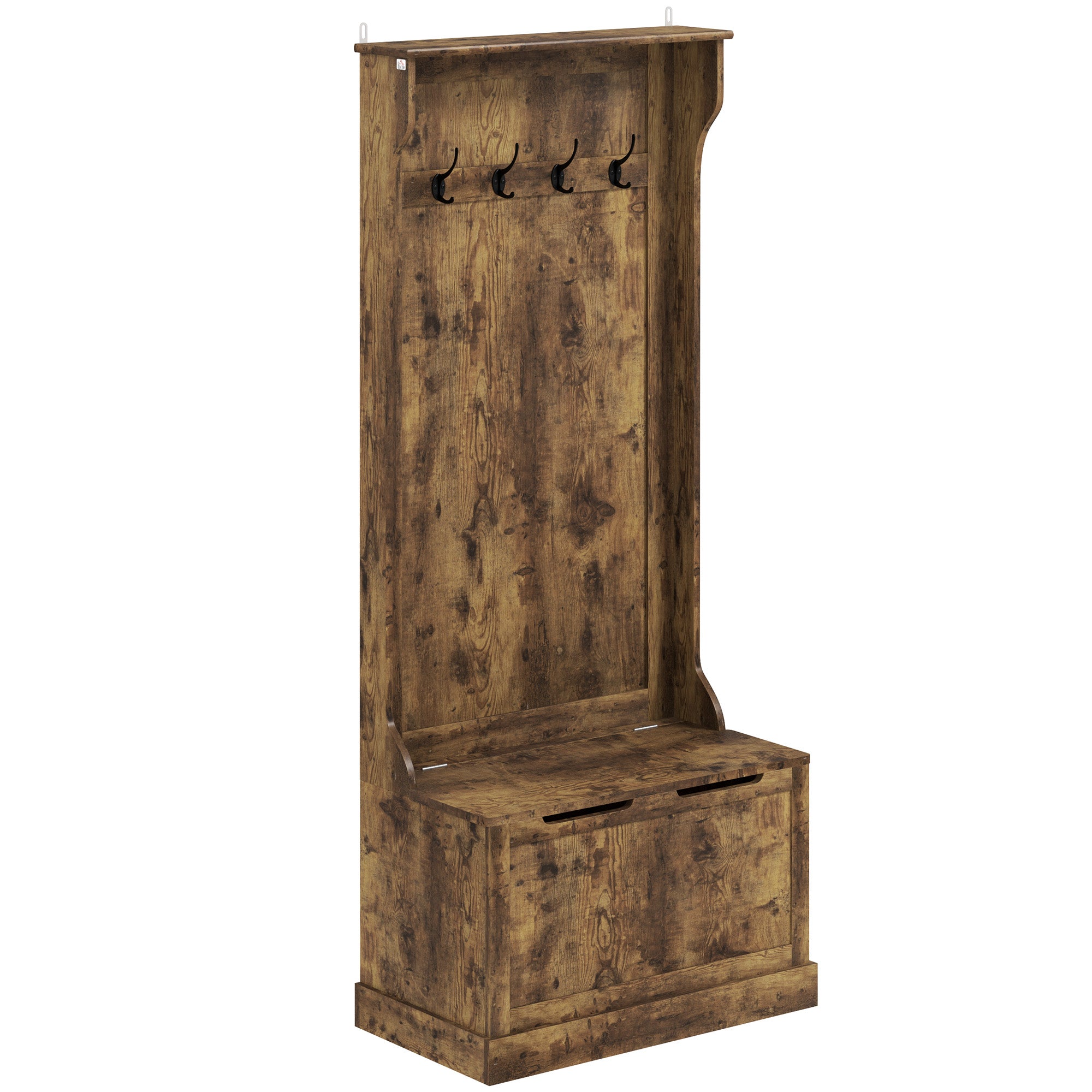 4-In-1 Hall Tree with Bench, 28" Coat Rack with Flip Top Storage Box, 4 Hooks and Top Shelf for Entryway, Hallway, Living Room, Rustic Brown