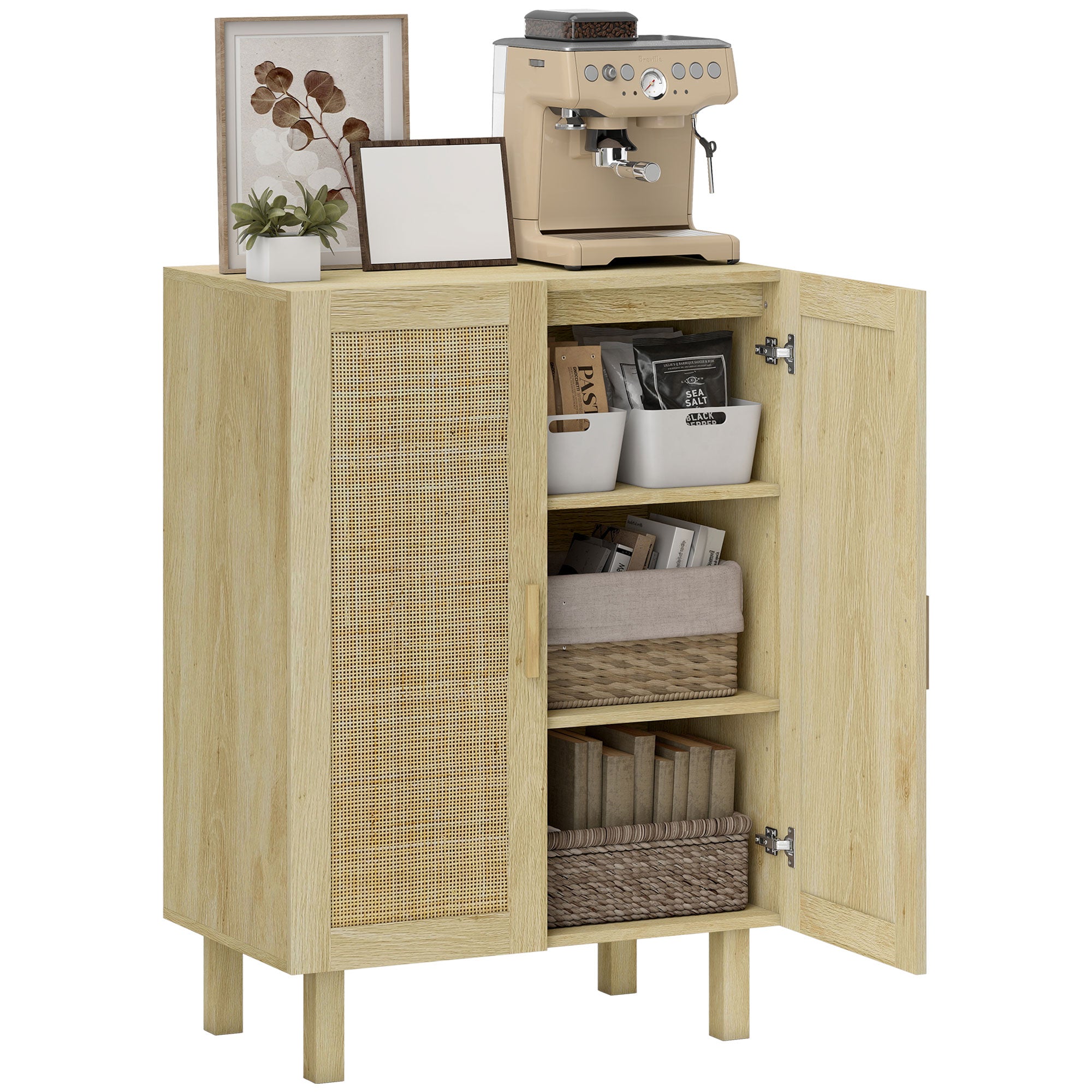 Boho Sideboard, Buffet Cabinet with Storage, 29" Coffee Bar Cabinet with Rattan Doors and Adjustable Shelves, Natural Wood