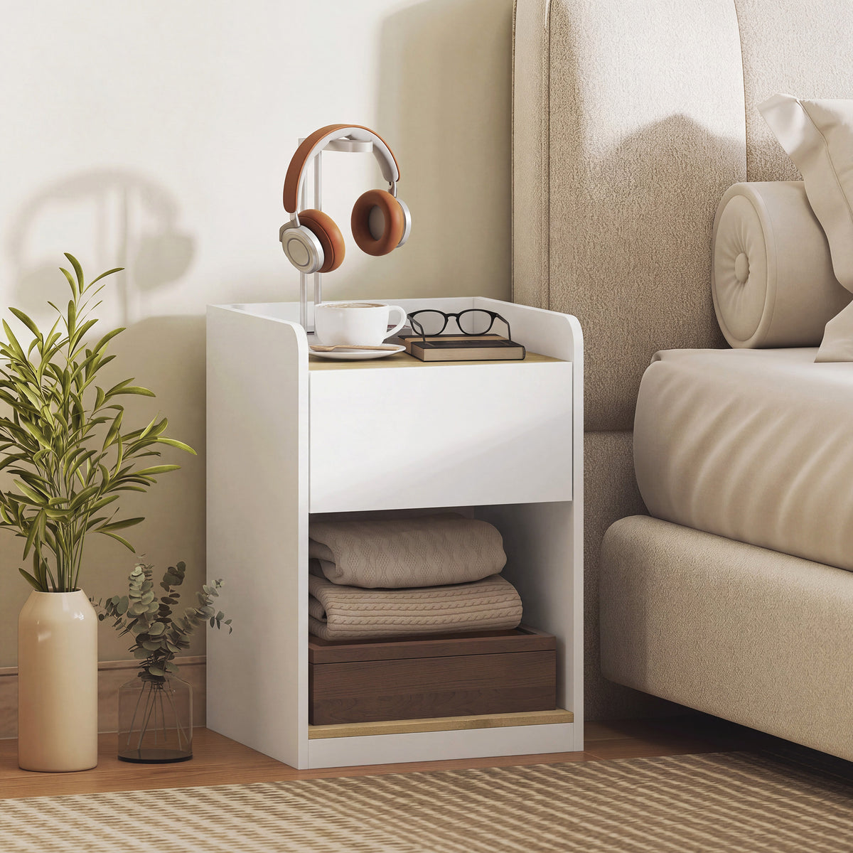 Modern Bedside Table, Slim Nightstand with Drawer, Shelf and Cable Holes, Bedside Cabinet for Bedroom, Living Room, White and Oak
