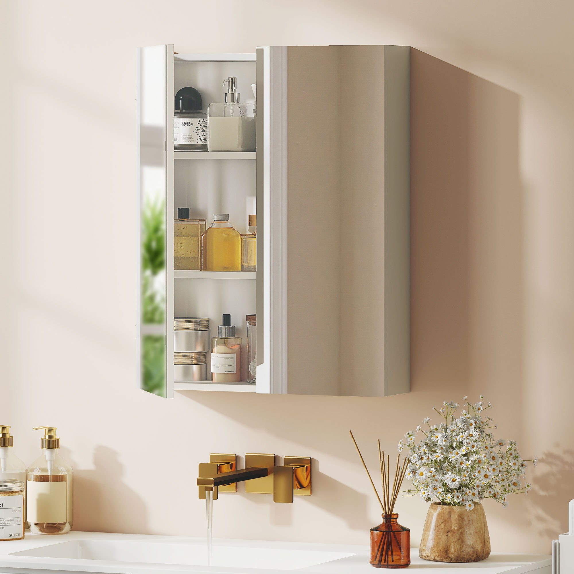 Bathroom Mirror Cabinet, 3-Tier Wall Mount Bathroom Storage Cabinet with Soft-Close Hinges and Adjustable Shelf, Double Door Cupboard, 60W x 15D x 75H cm, White
