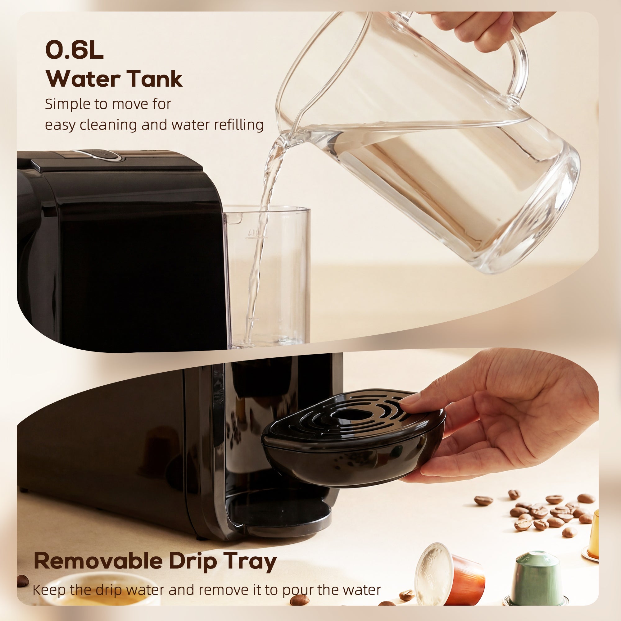 Pod Coffee Machine for Nespresso Original, Dolce Gusto Capsule and Ground Coffee, Small Semi Automatic Coffee Maker with 19 Bar Pump and 0.6L Water Tank for Home Office, Black