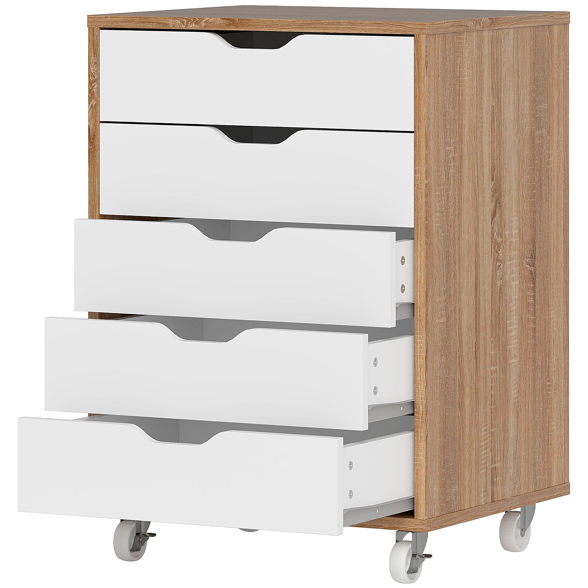 Vinsetto Vertical Filing Cabinet, 5-drawer File Cabinet, Mobile Office Cabinet on Wheels for Study, Home Office, Oak