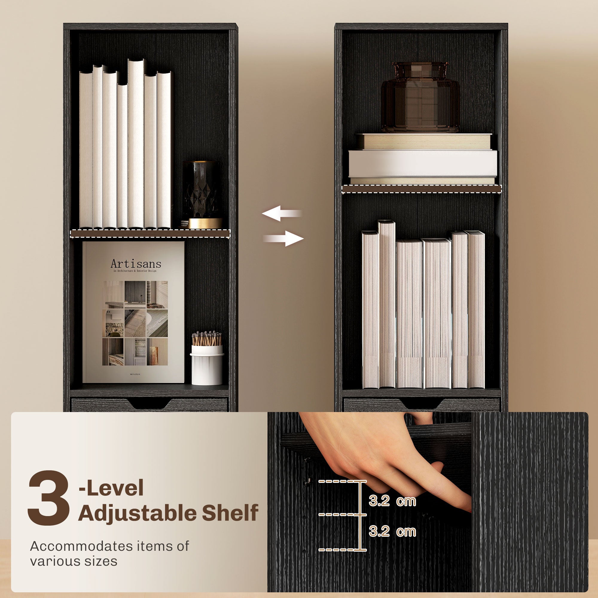 6-Tier Bookcase, Tall Narrow Bookshelf with Drawer, Door, Adjustable Shelf, Modern Display Standing Shelving Unit for Living Room, Home Office, Bedroom, 30 x 24 x 158 cm, Black