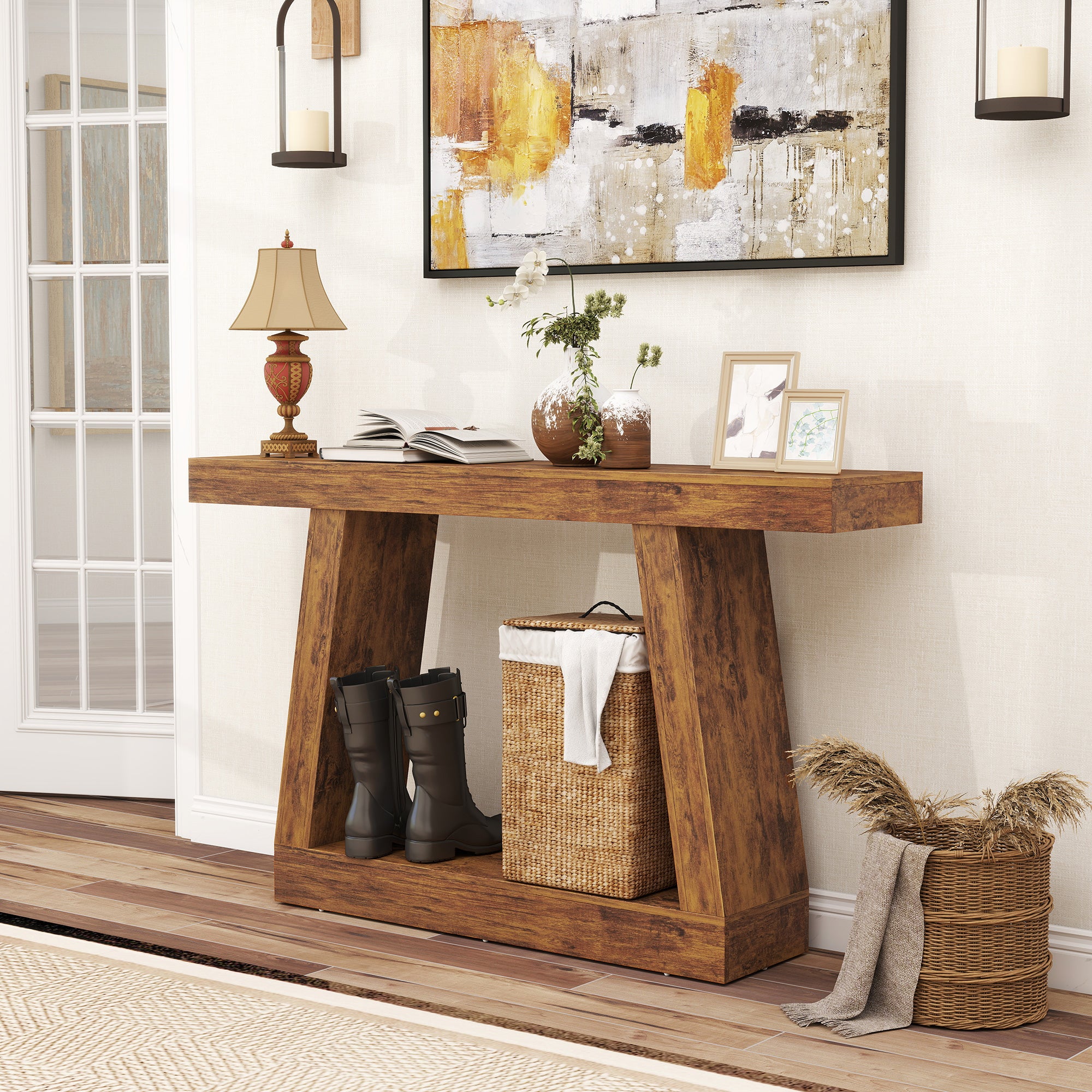 55" Farmhouse Console Table, 2-Tier Entryway Table with Storage and Thickened Tabletop for Hallway, Living Room, Entrance, Behind Couch, Dark Brown