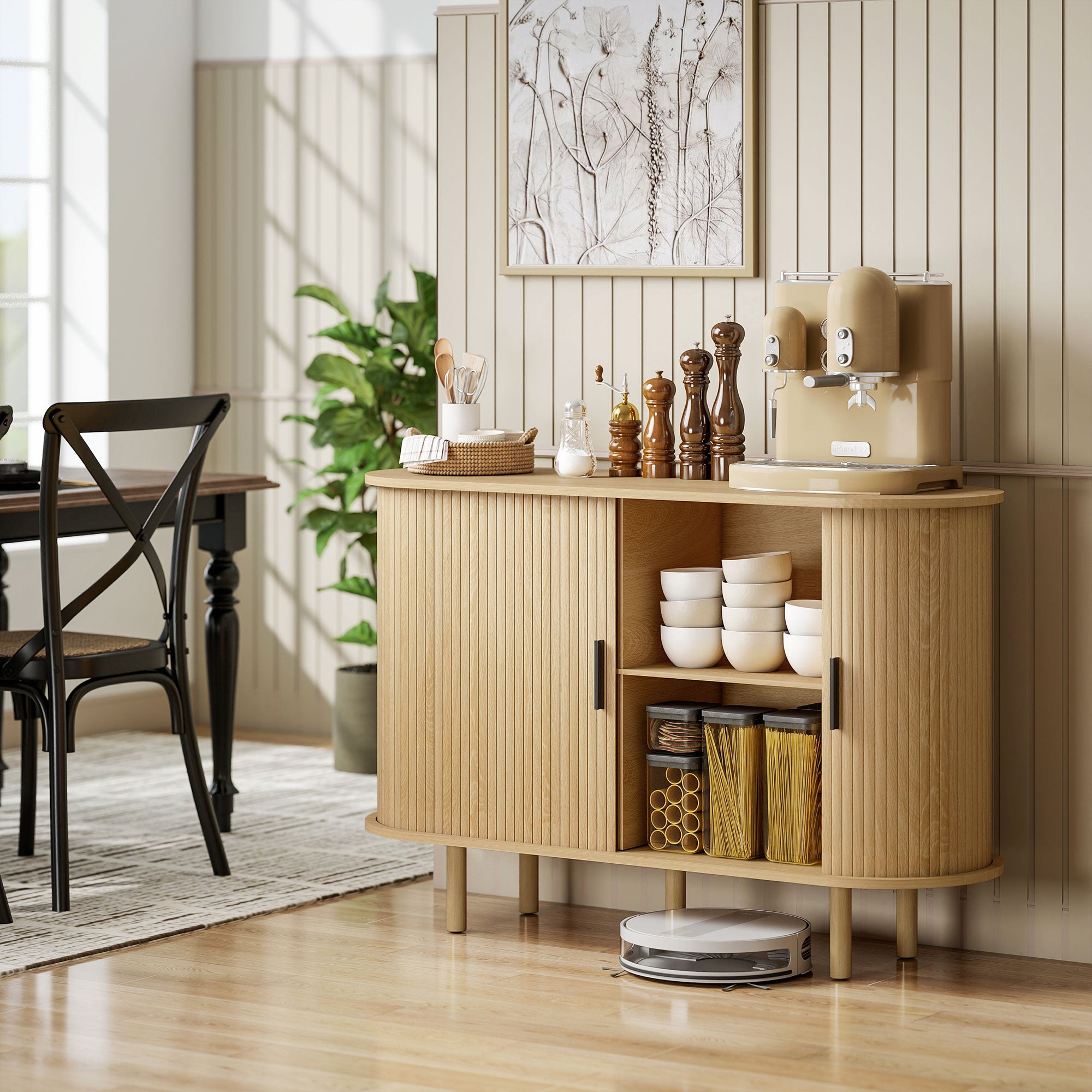 Fluted Sideboard Buffet Cabinet with Tambour Sliding Doors, 47" Modern Coffee Bar Cabinet with Storage Shelves and Wooden Legs, Kitchen Credenza, Oak