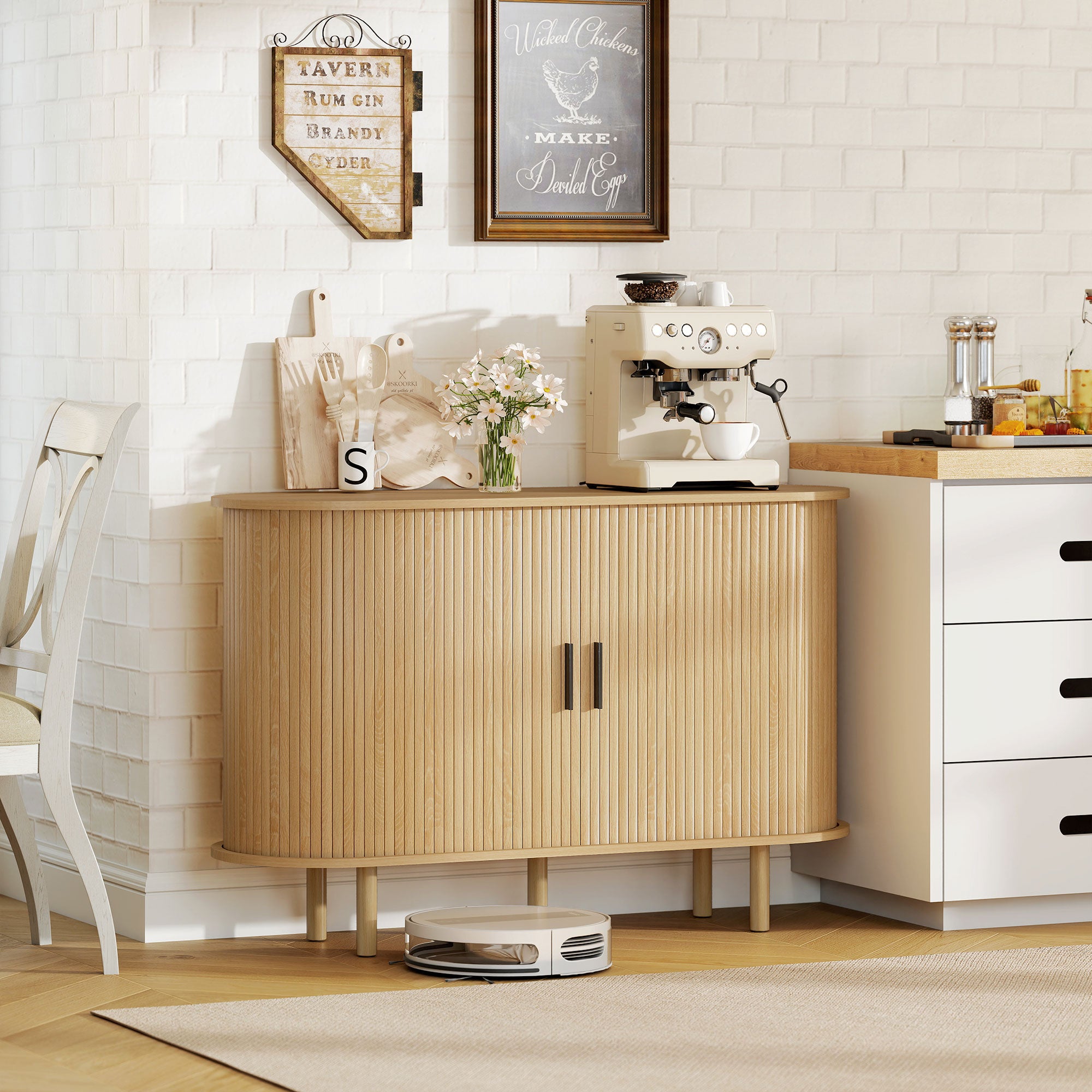 Fluted Sideboard Buffet Cabinet with Tambour Sliding Doors, 47" Modern Coffee Bar Cabinet with Storage Shelves and Wooden Legs, Kitchen Credenza, Oak