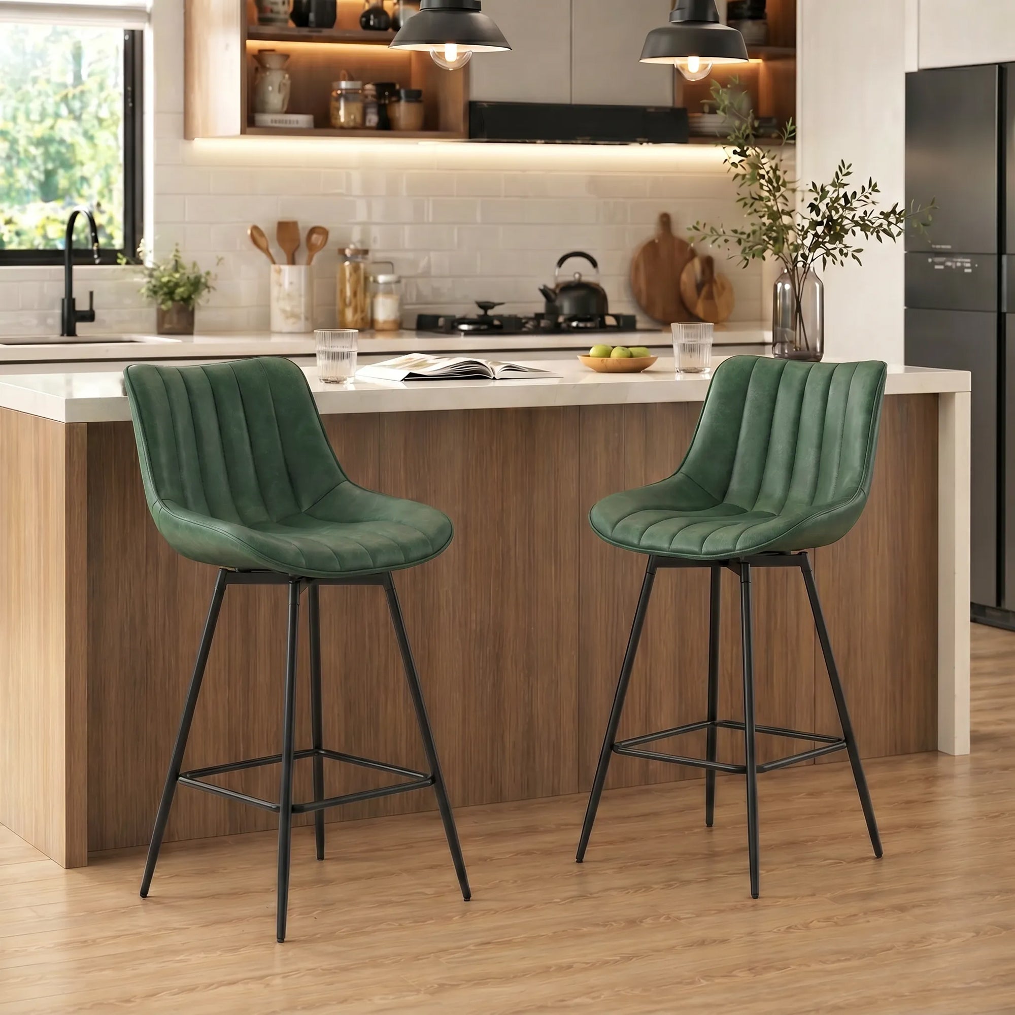 Swivel Bar Stools Set of 2, Textured Faux Leather Counter Stools with Backrest and Footrest, Height Adjustable Breakfast Chairs for Kitchen Island, Home Bar, Dining Room, Dark Green