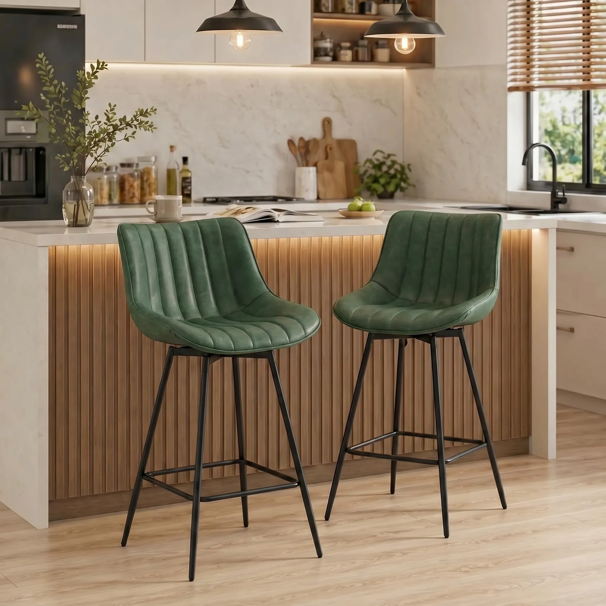 Swivel Bar Stools Set of 2, Textured Faux Leather Counter Stools with Backrest and Footrest, Height Adjustable Breakfast Chairs for Kitchen Island, Home Bar, Dining Room, Dark Green