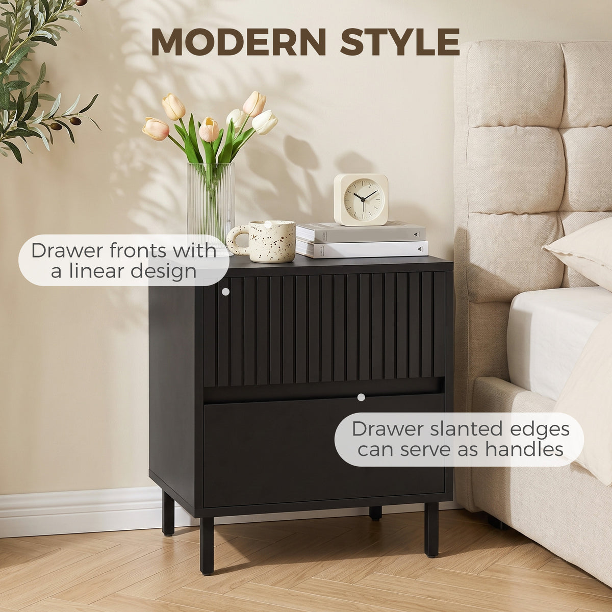 Bedside Table, Side Table with 2 Drawers, Bedside Cabinet with Storage and Steel Legs for Bedroom, Living Room, Black
