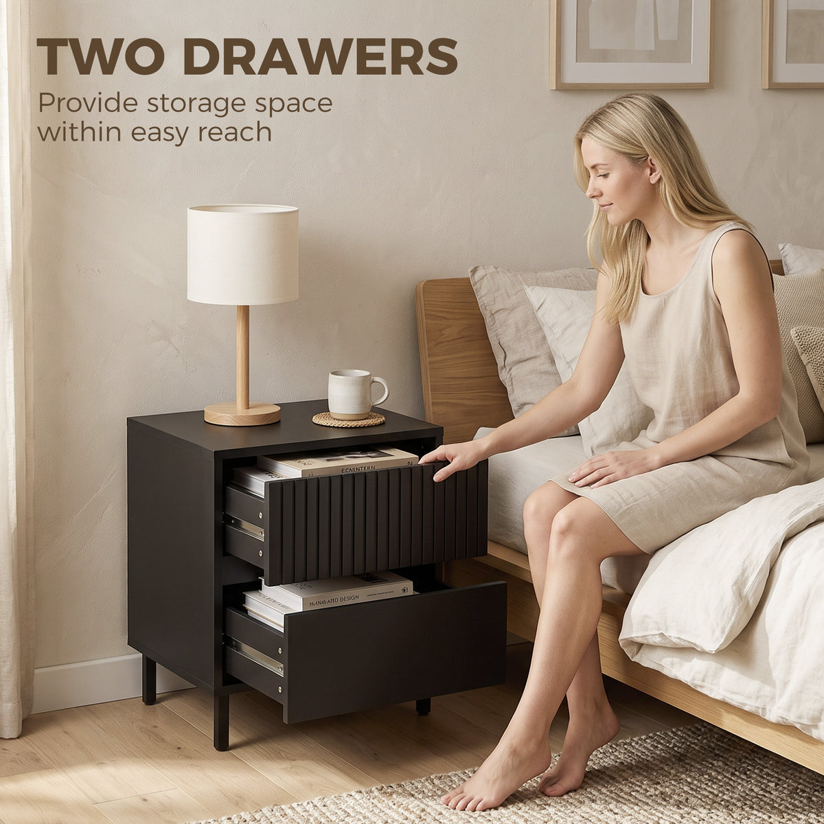Bedside Table, Side Table with 2 Drawers, Bedside Cabinet with Storage and Steel Legs for Bedroom, Living Room, Black