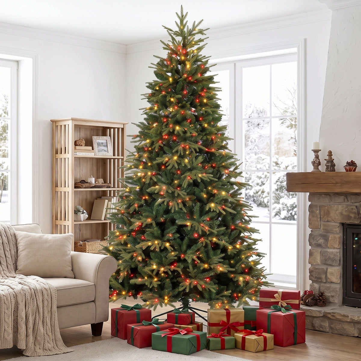 9ft Prelit Christmas Tree with Colourful DIY LEDs, Frasier Grande Fir, Hinged Xmas Tree with Remote, 12 Modes, Daily Timer, Dense Tips, Adjustable Brightness
