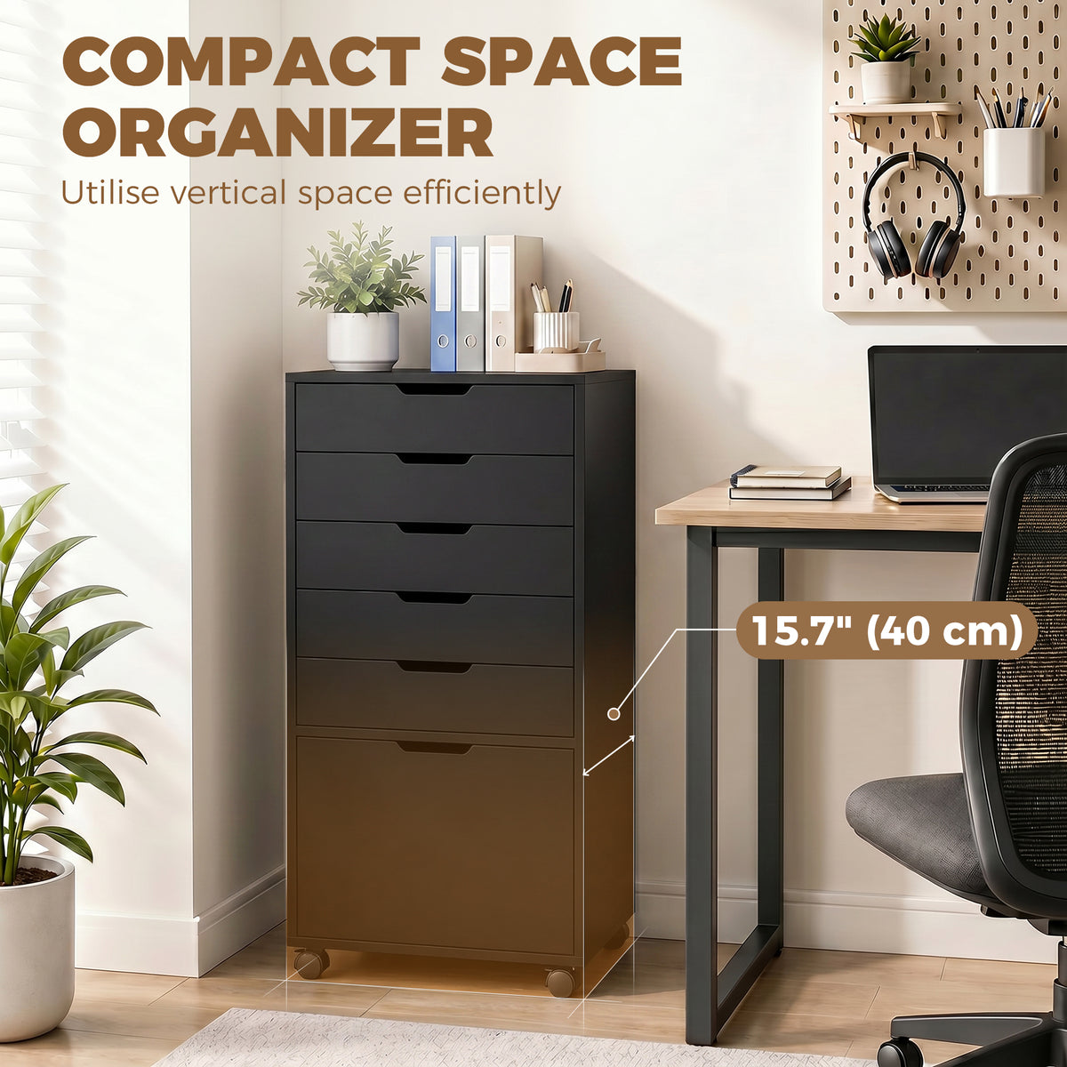 5 Drawer Vertical File Cabinet with Lockable Wheels, Filing Cabinet for Home Office, Printer Stand with Adjustable Hanging Bars For A4, Letter, legal File Folders, Black