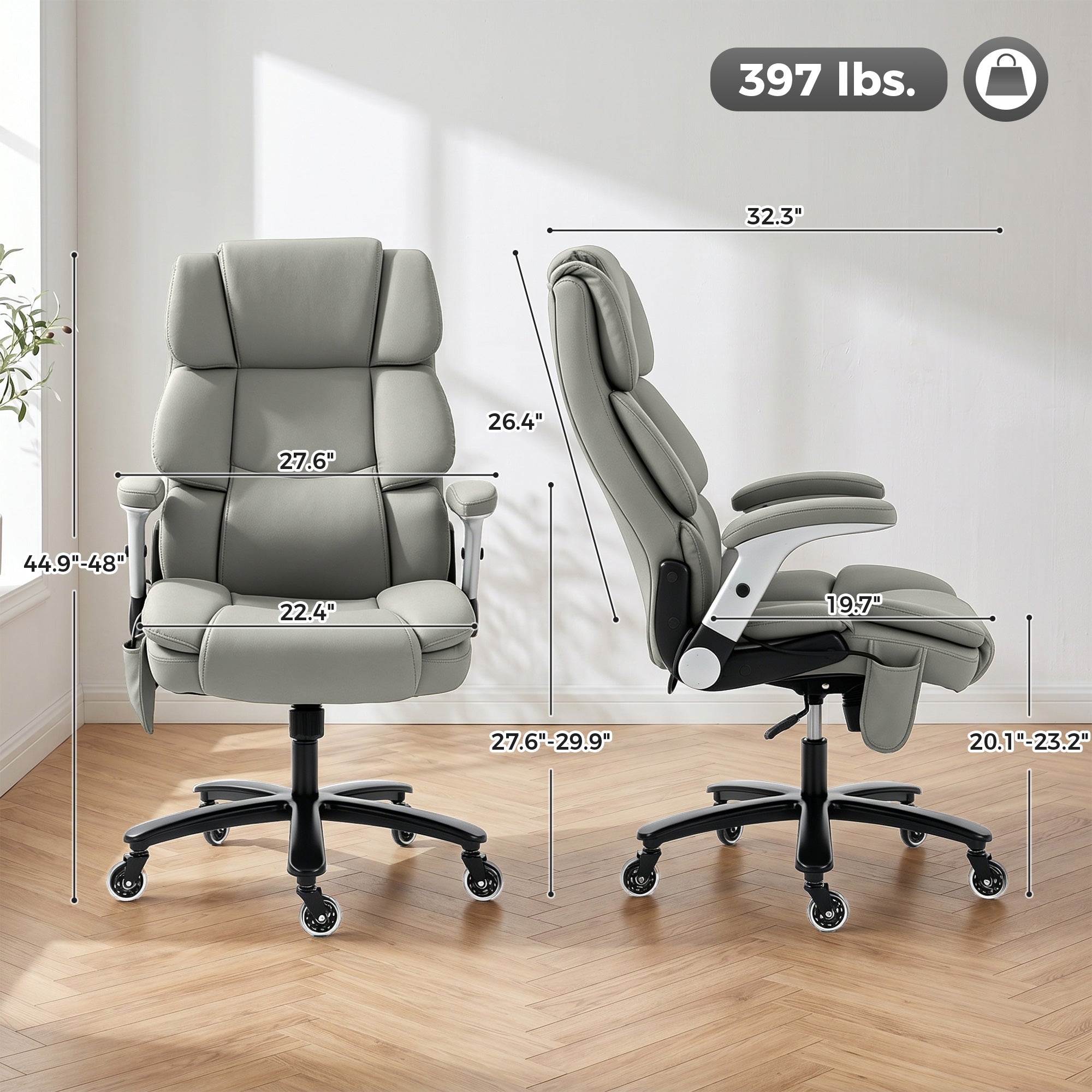 Heavy Duty Office Chair 400LBS with Airbag Lumbar Support, Pet-Friendly Fabric, Big and Tall Desk Chair with Flip-Up Armrests, Pocket Springs, Class 4 Gas Cylinder, Wide Seat, Light Gray