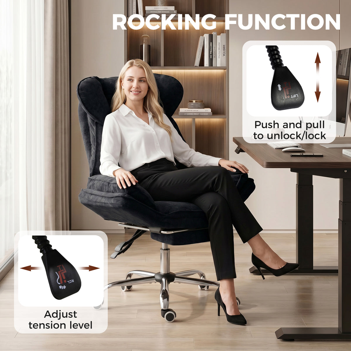 Big and Tall Office Chair, Heavy Duty High Back Desk Chair with Swivel Wheels and Footrest, Reclining Executive Snowflake Velvet, Black
