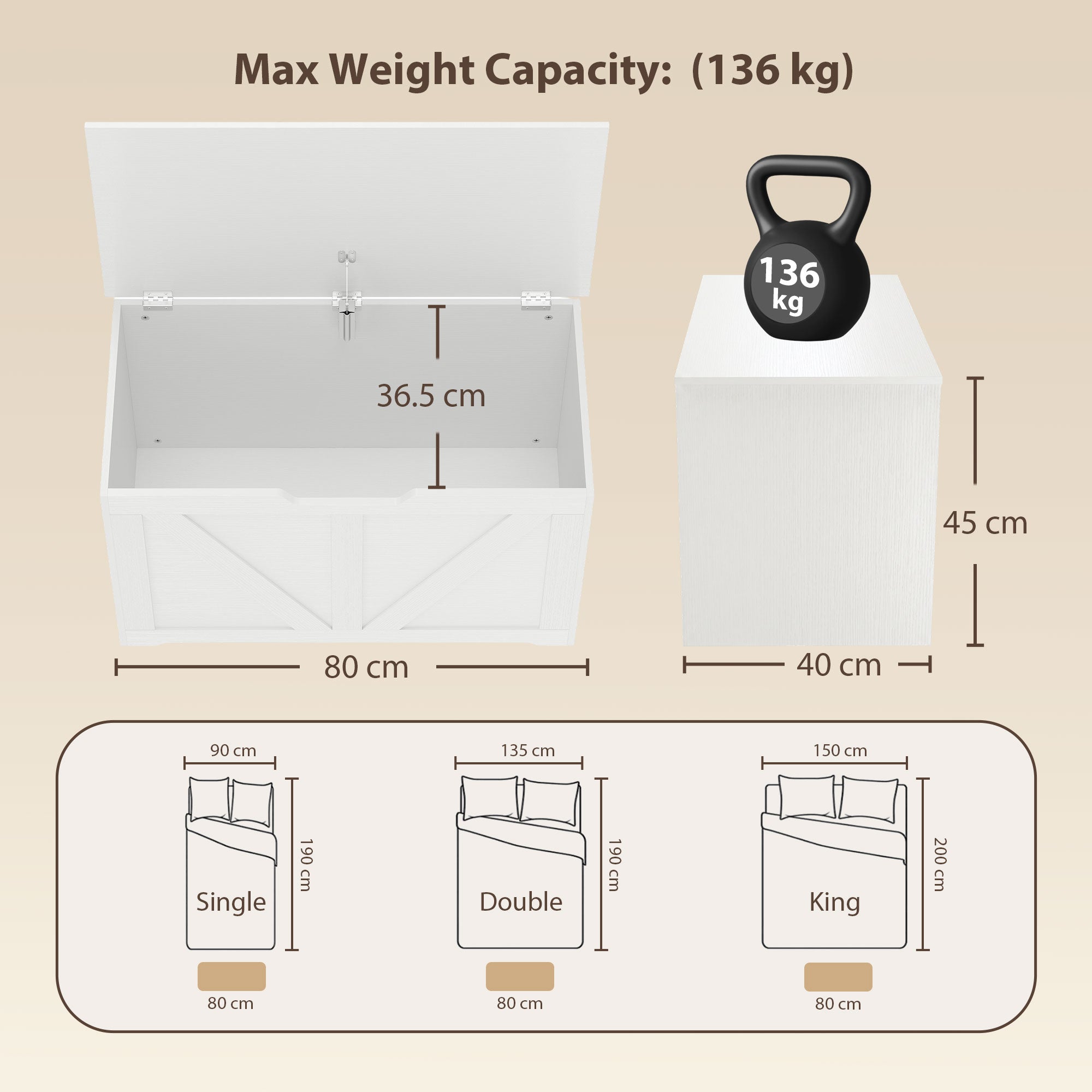 100L Storage Chest, Shoe Storage Trunk Bench Box with Safety Hinge and U-shaped Cut-out Pull, Blanket Box Ottoman for Bedroom, Living Room, Entryway, 80 x 40 x 45 cm, White Wood-Effect